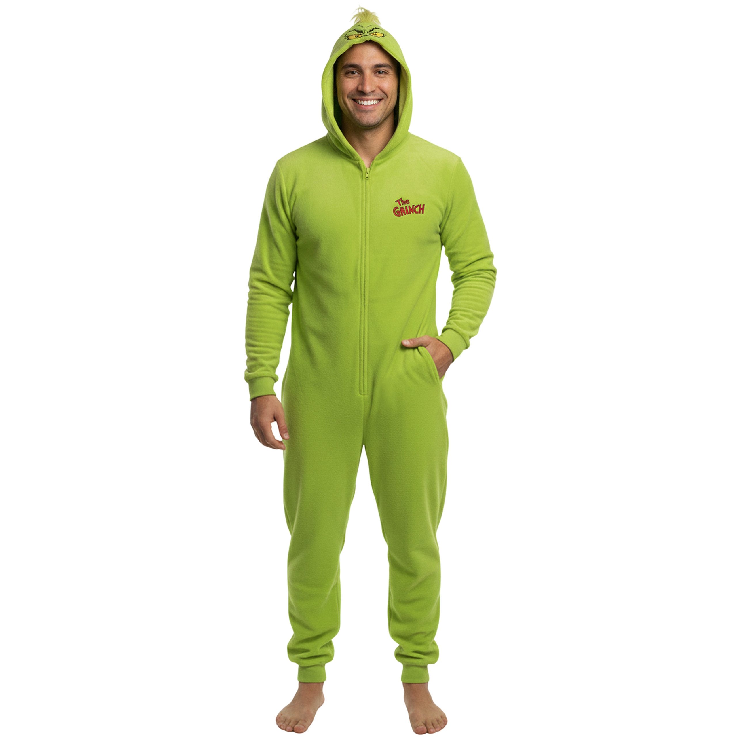 Sarcia.eu Pyjama Grinch Fleece-Einteiler für Herren mit Kapuze und Reißverschluss – Bild 2 von 5