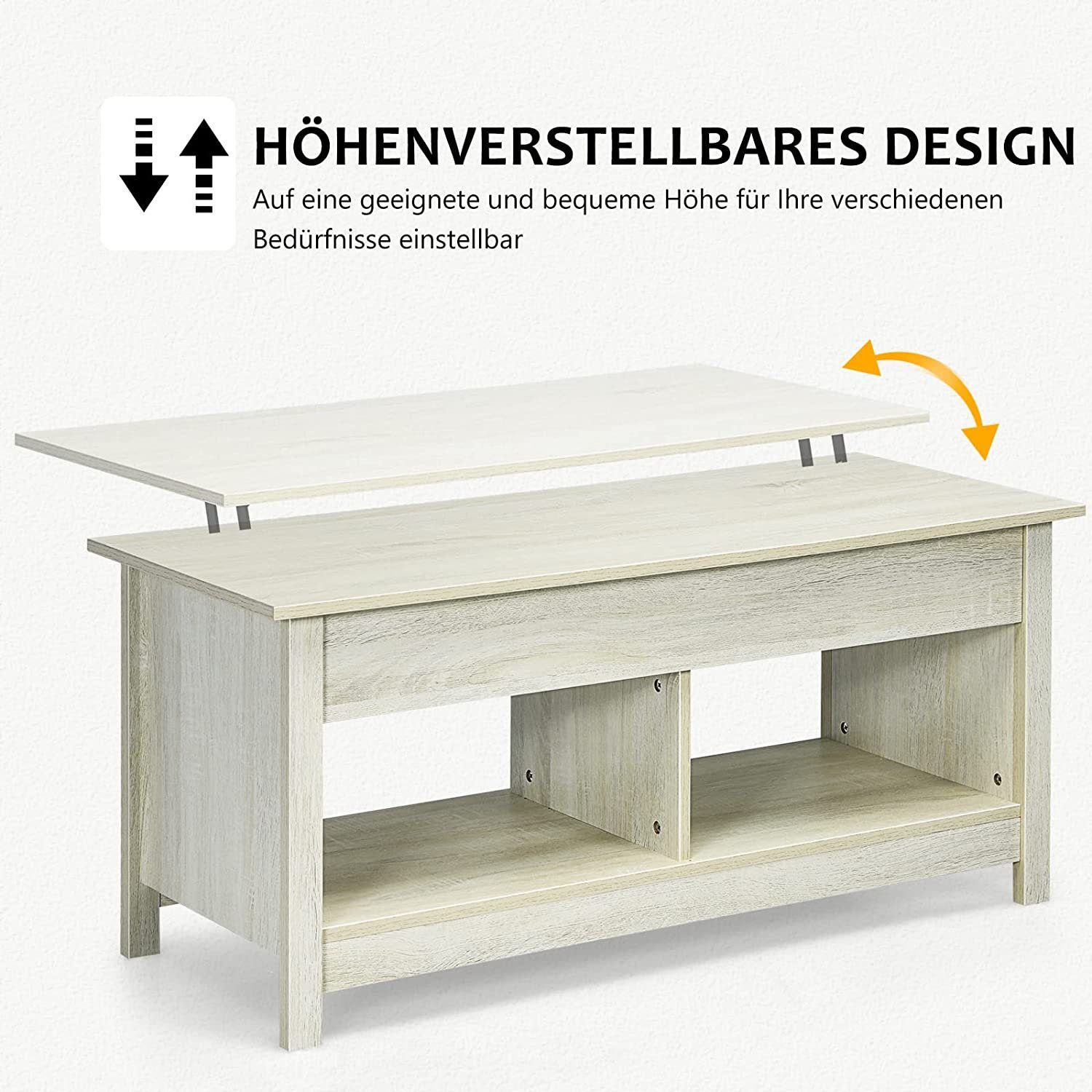 H.J WeDoo Höhenverstellbarer Couchtisch Eiche - Mit Staufach, Schublade & LED-Beleuchtung