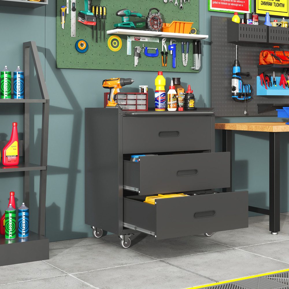 BBWL Werkzeugschrank mit Rollen Garage Büro Organizer robust Metall rollbar 3 Schubladen Schwerlast Stahl Werkzeugwagen
