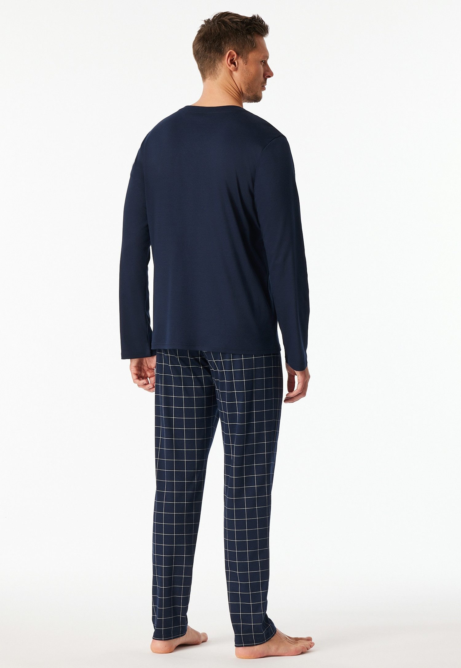 Schiesser Pyjama Fine Interlock (2 tlg) Oberteil in Uni, karierte Hose, V-Neck, Langarm, Baumwolle