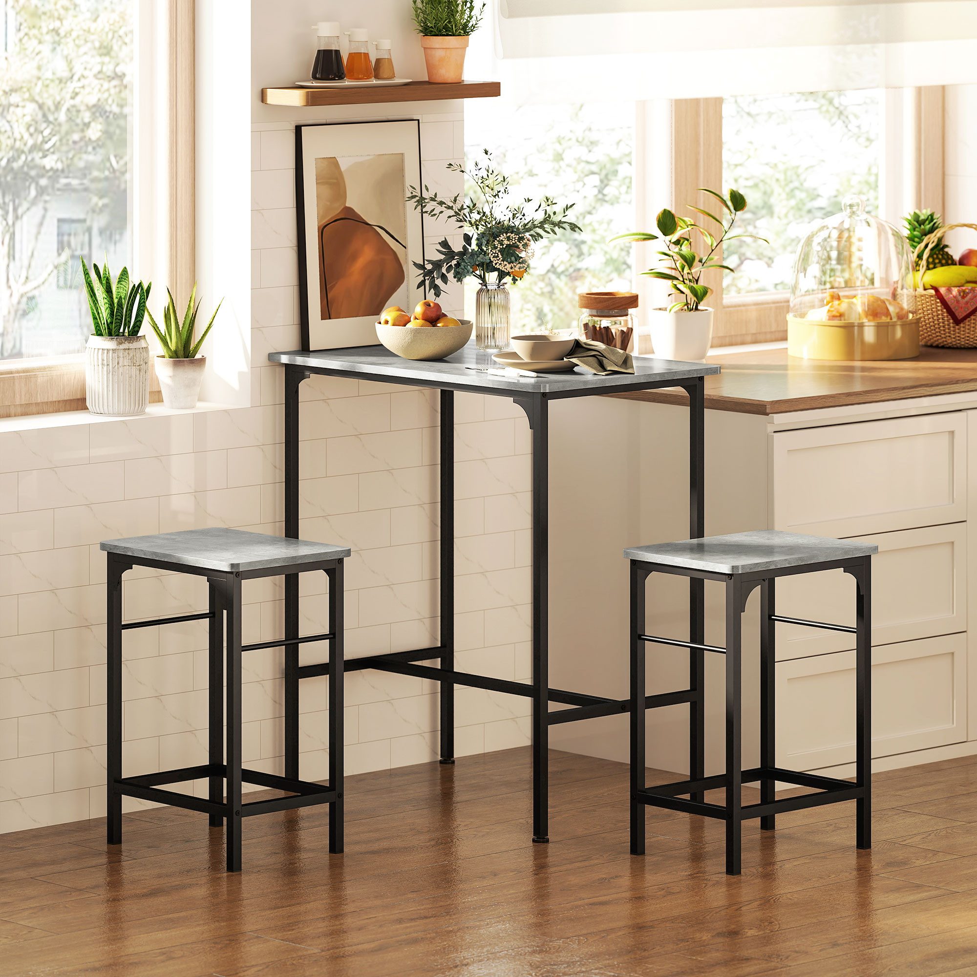 HOMCOM Bargruppe Bartisch Set mit Barhocker-Set, Esstisch mit 2 Stühlen, Grau, (Set, 3-tlg., Tisch mit 2 Hockern), Hocker unter Tisch schiebbar