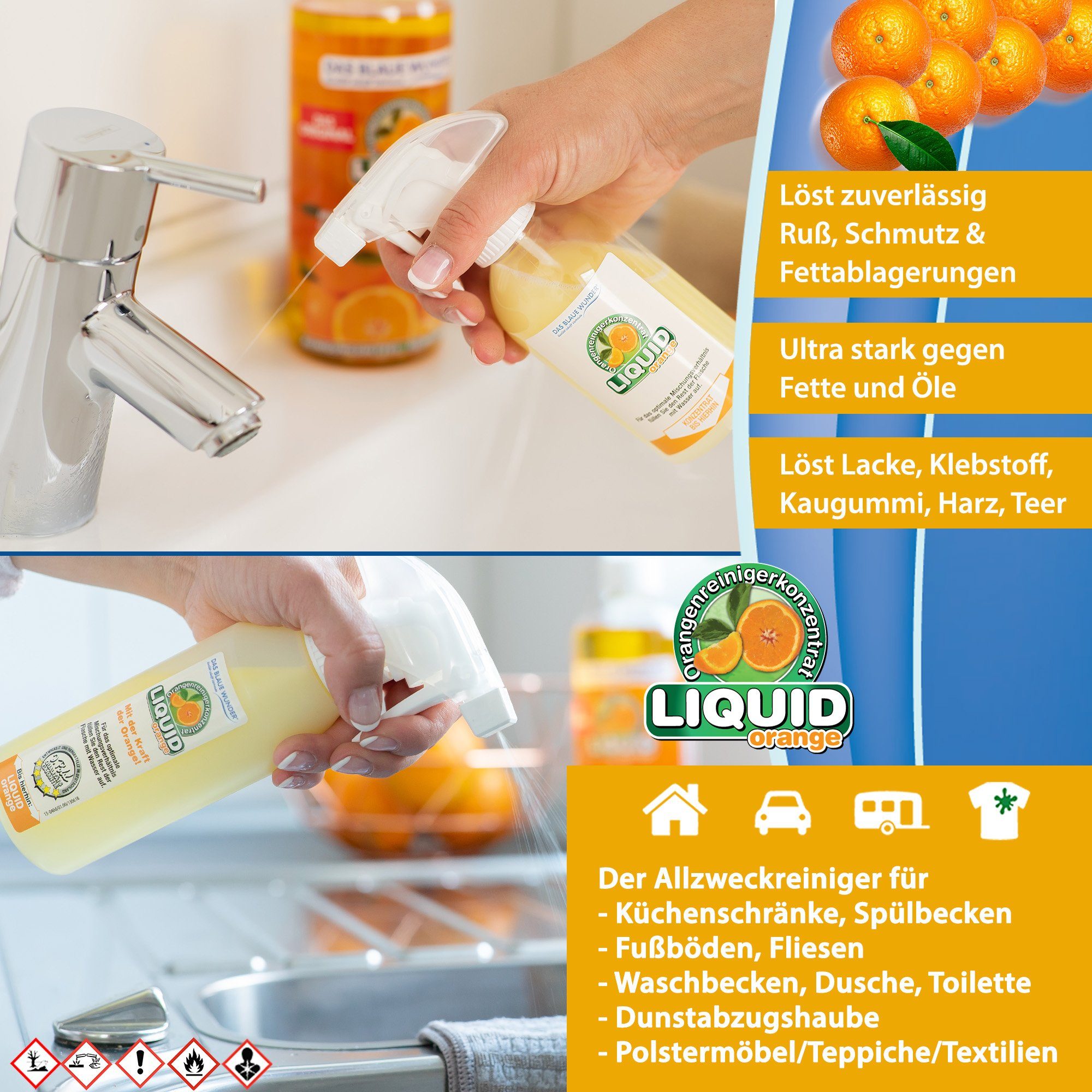 Das Blaue Wunder® Liquid Orange Orangenreiniger Universalreiniger inkl. Sprühflasche Reinigungskonzentrat (2-St)