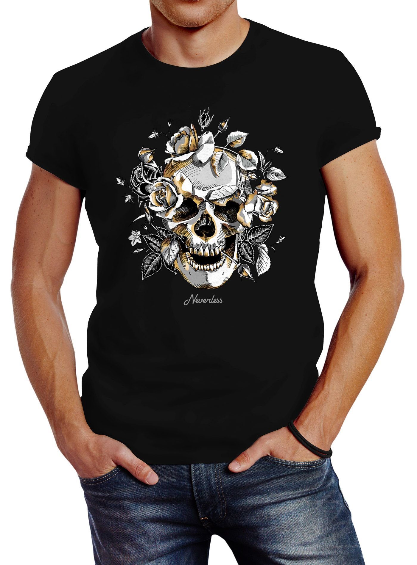 Neverless Print-Shirt Herren T-Shirt Totenkopf Rosen Skull Roses Schädel Slim Fit Neverless® mit Print schwarz