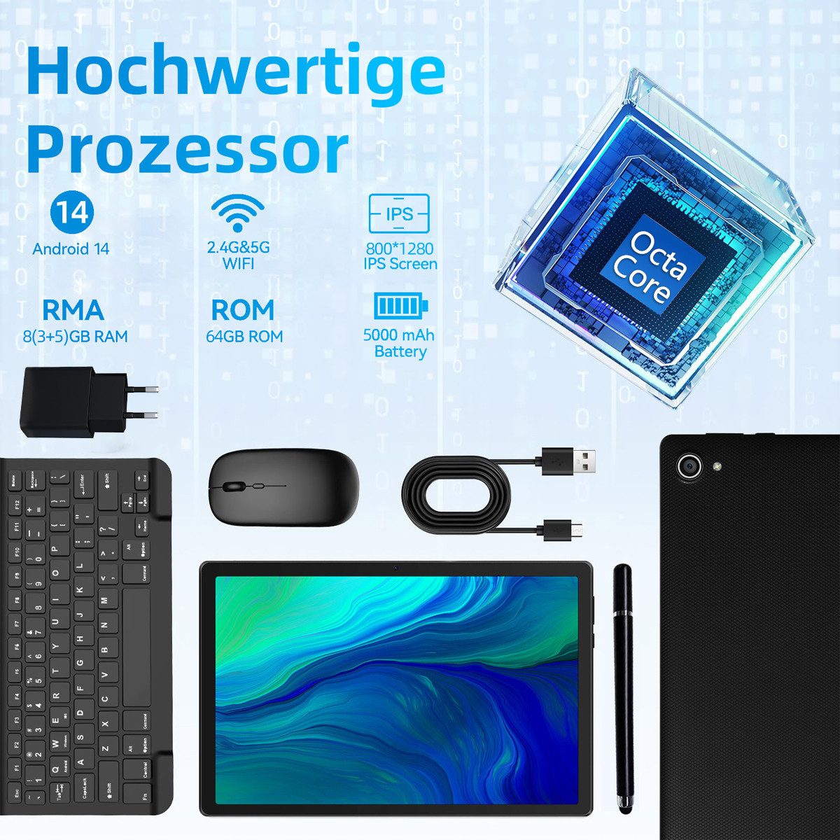 Happybe 10,1 Zoll 64GB, Android 14, HD 1280x800, mit Tastatur, Maus und Stylus Tablet (10", 64 GB, Android, WiFi6, Android 14, 8GB RAM, Widevine L1, Komplettset mit Tastatur/Stift/Maus)