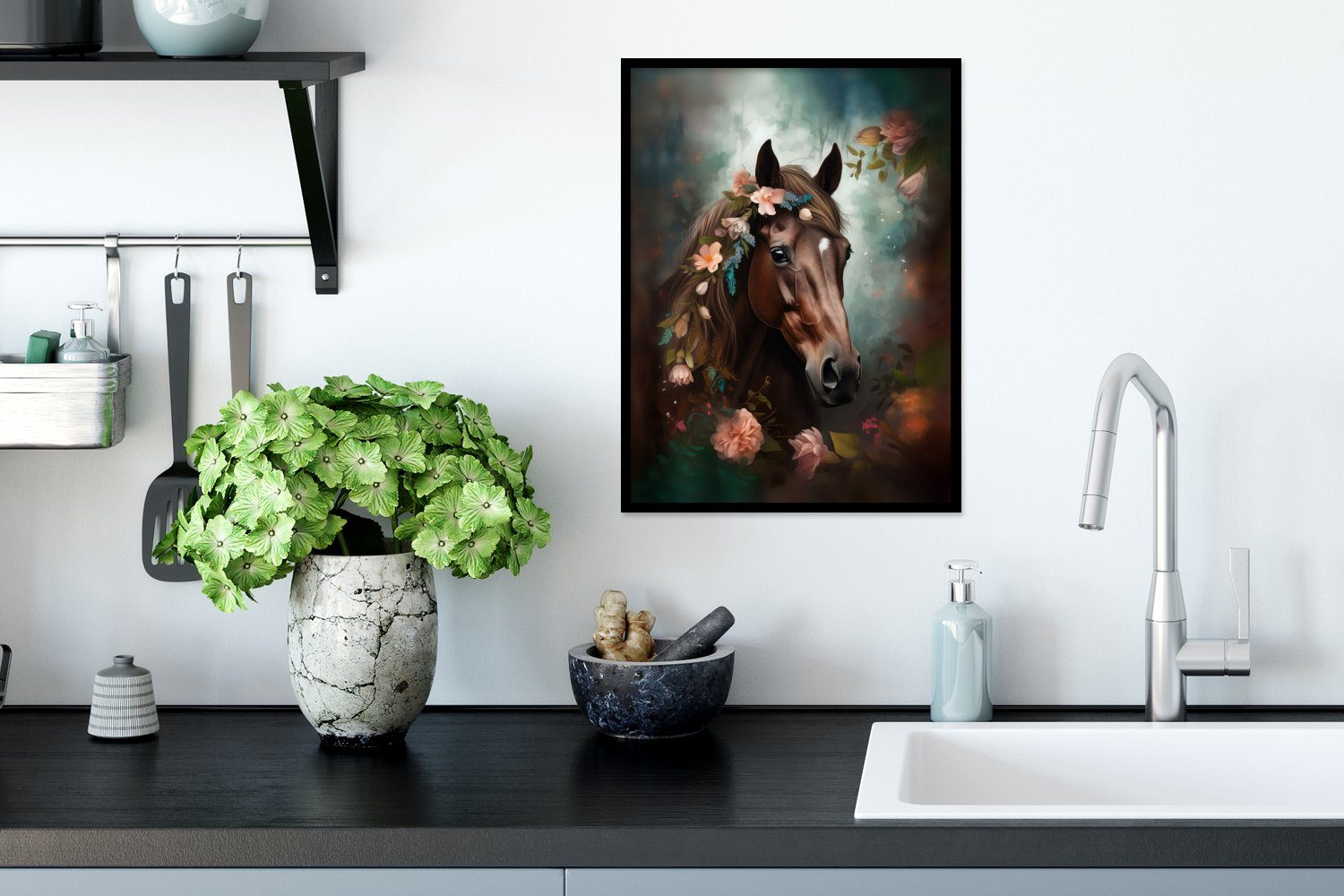 MuchoWow Poster Schwarzem (1 Pferd - - mit Tiere - Gerahmtes St), Bilderrahmen Rahmen, Kunstdruck, Wald, Blumen - Poster, Natur