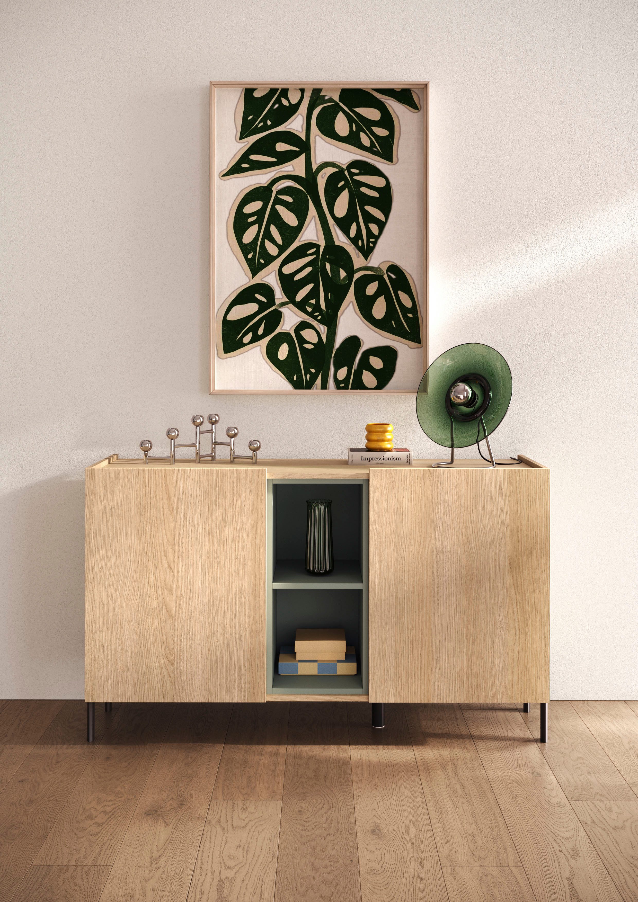 OTTO home Sideboard Badia, 132 cm breit, 2 Türen, Anrichte, Kommode, Stauraumschrank, Innenliegendes Top, gerade Metallfüße, salbeigrüne Farbakzente