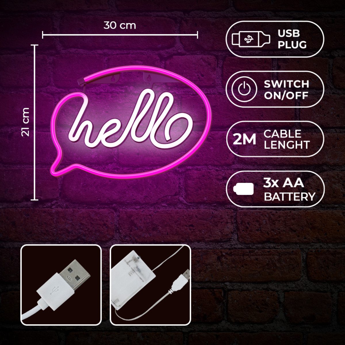 Forever Light LED Dekolicht Forever Light Neon LED-Leuchte HELLO pink/weiß – FLNE15, Pink, Weiß, Leuchtender HELLO-Schriftzug, flexibler Betrieb, kompakte Größe