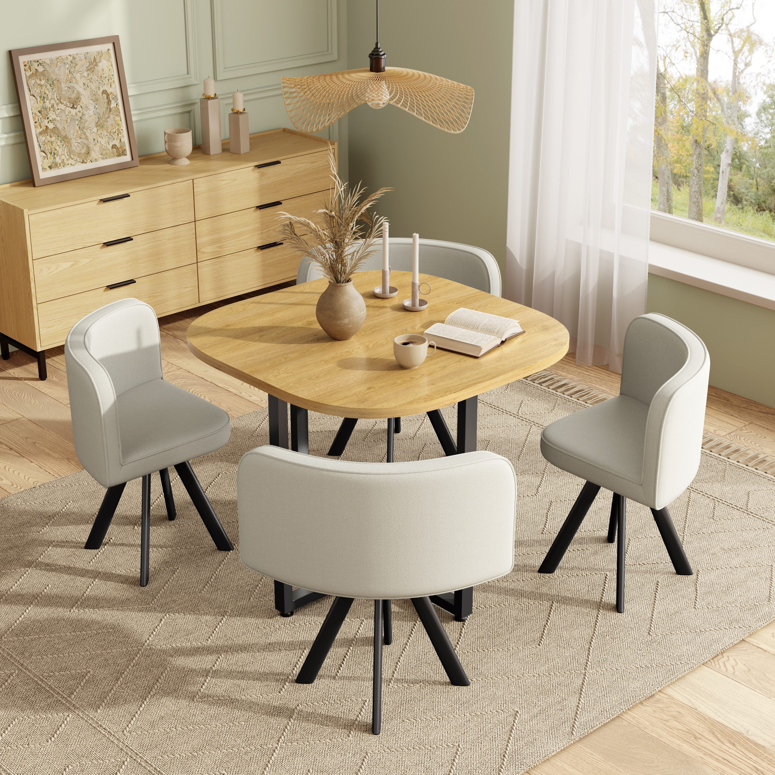 Flieks Essgruppe Esstisch mit 4 Stühlen, (Set, 5-tlg., Tisch mit 4 Stühlen), quadratisch Küchentisch in Eichenfarbe, Esszimmerstühle Leinen Beige