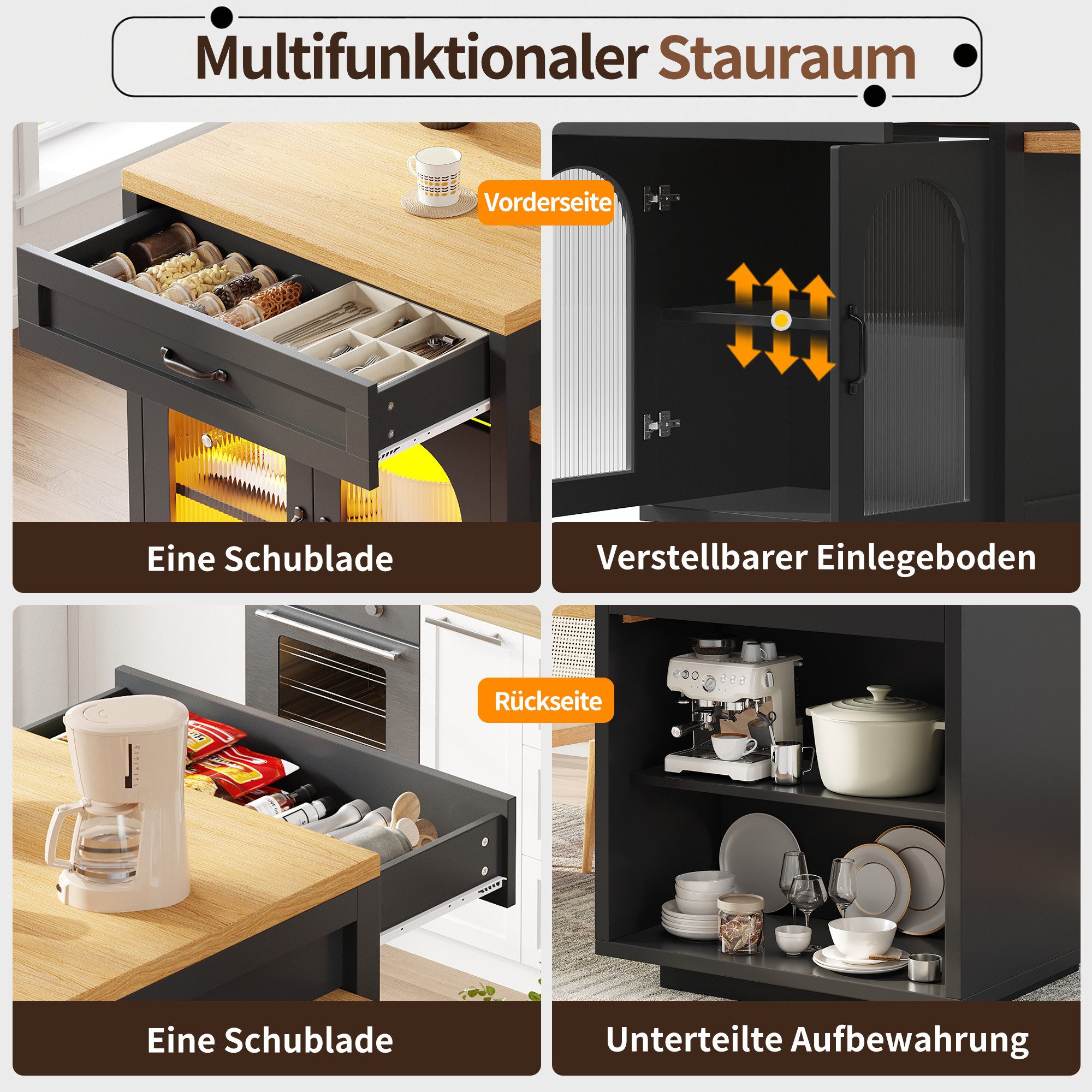 i@home Kücheninsel Ausziehbare Kücheninsel mit LED-Beleuchtung, (Moderner Küchenschrank mit 2 Schubladen), MDF-Küchenarbeitsplatte für Essbereich, Verstellbare  – Bild 4 von 5