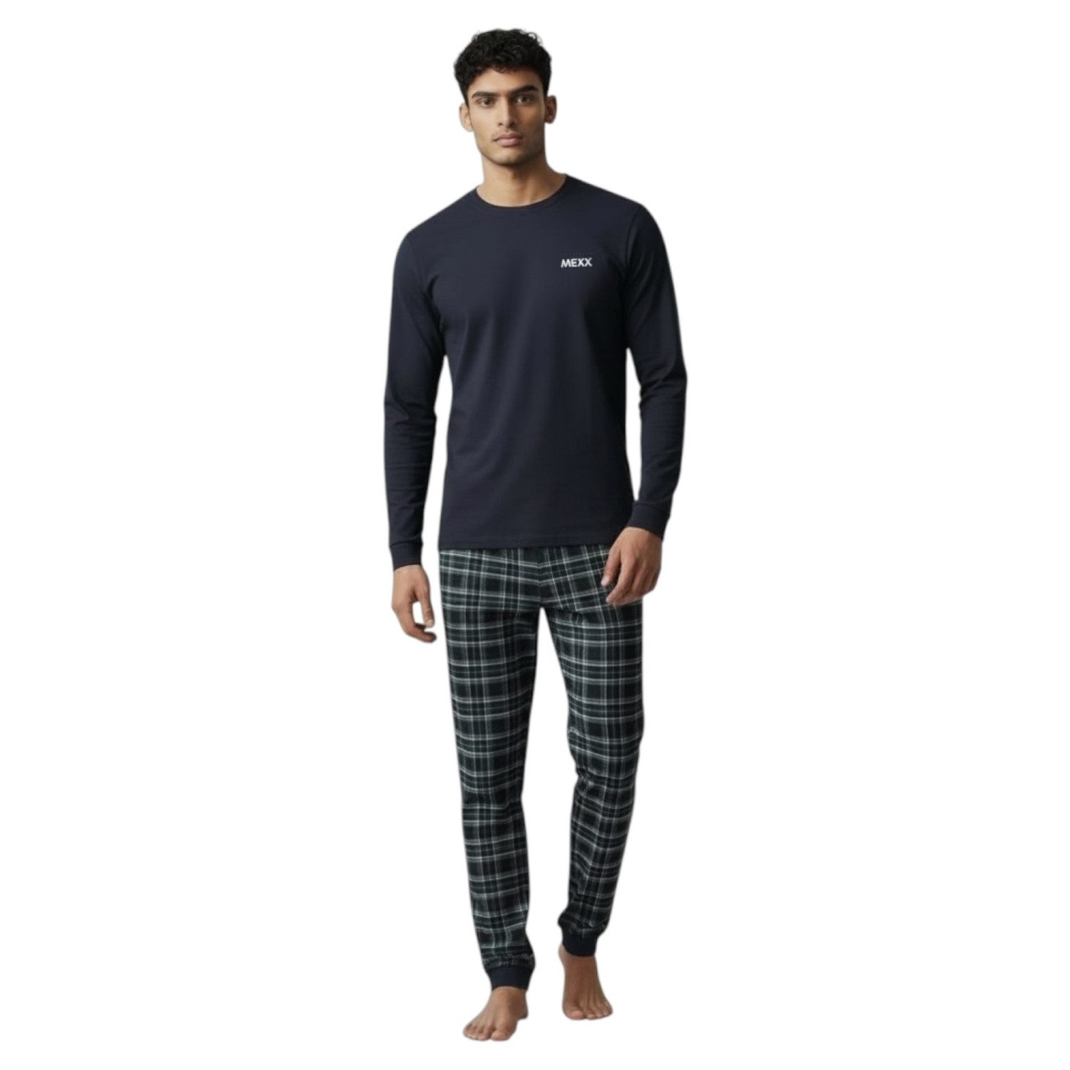 Mexx Schlafanzug Herren Pyjama Schlafanzug SET Langarm Nachtwäsche Navy/Karriert (2 tlg) mit Markenlabel