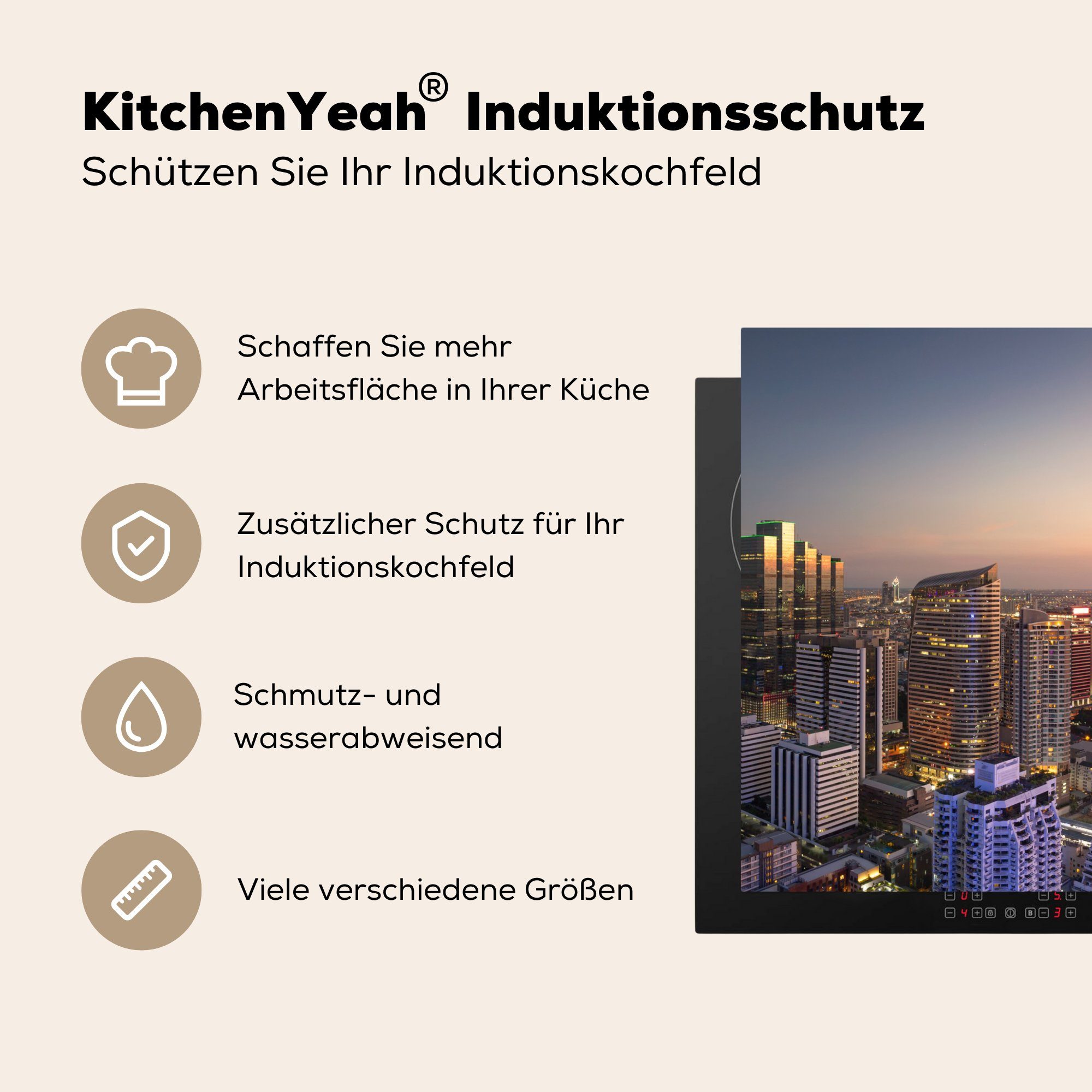 Wohnung - für - Arbeitsplatte Vinyl, Herdblende-/Abdeckplatte 78x78 Urban, MuchoWow Bangkok Ceranfeldabdeckung, küche tlg), cm, (1