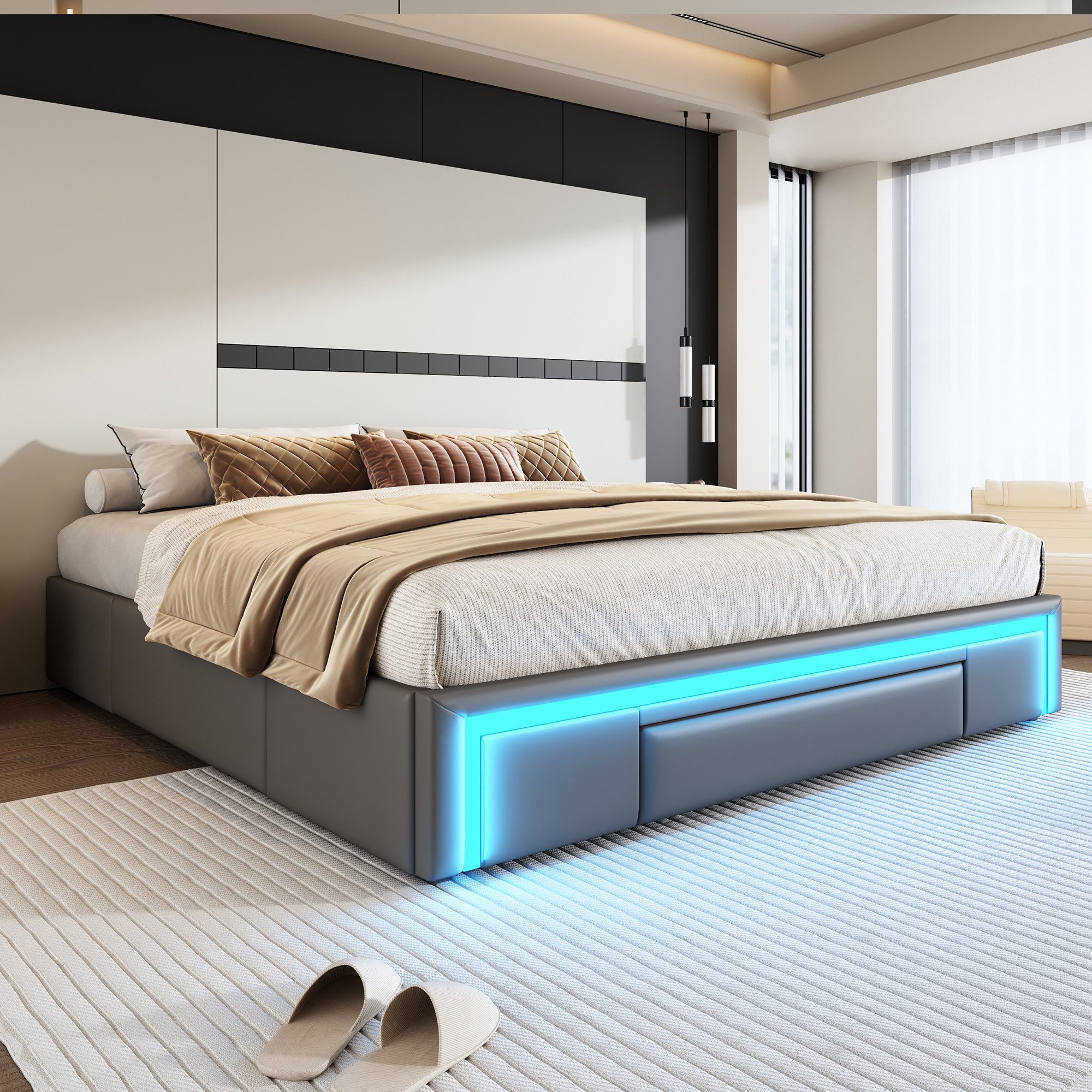 Merax Polsterbett (1-tlg), Plattformbett Doppelbett 180x200cm mit LED & 3 S günstig online kaufen