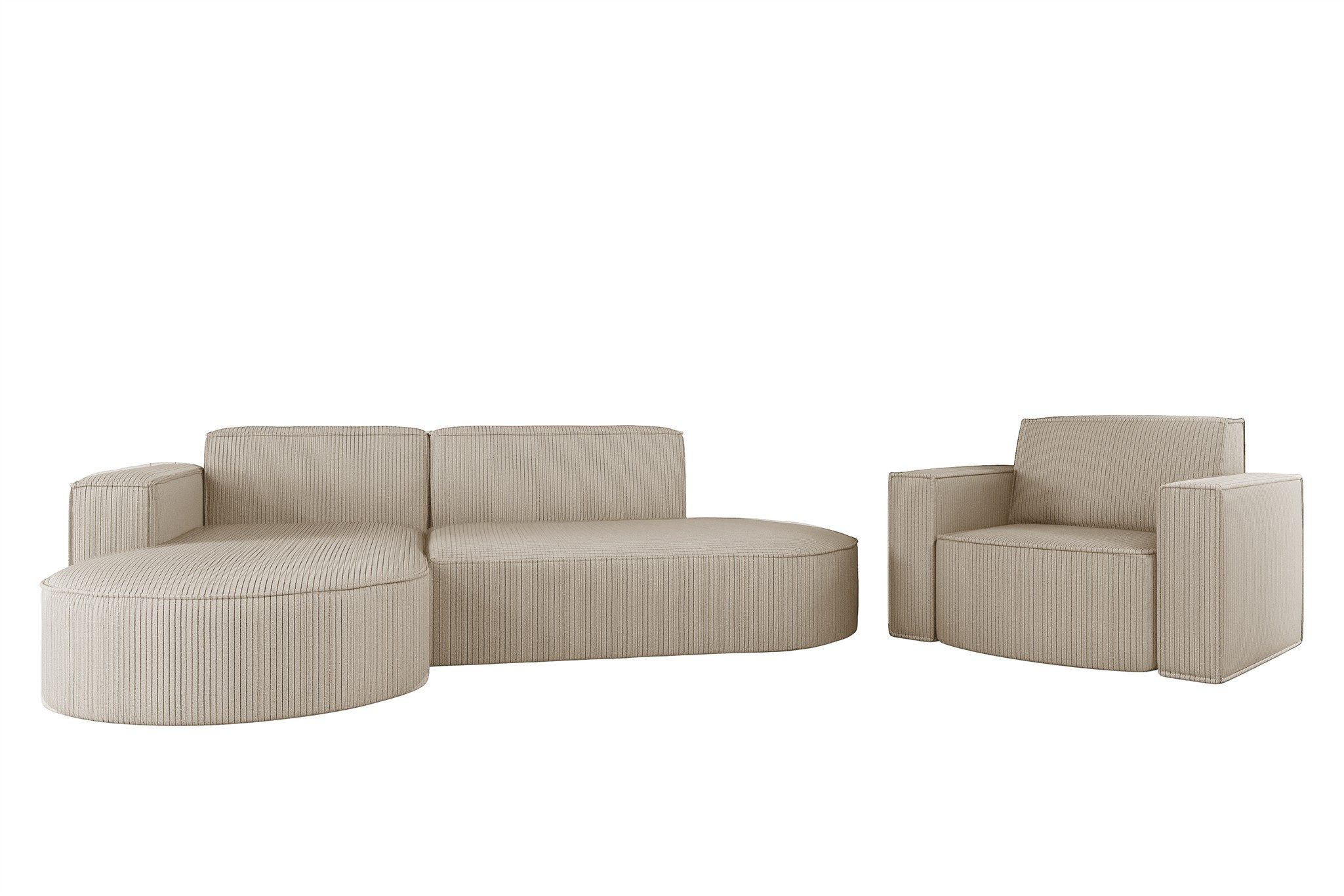 Fun Möbel Polstergarnitur Sofaset Designerecksofa PALMA XS plus Sessel in Scala oder Noel, (Ecksofa plus Sessel, Ottomane Links oder Rechts), Rundumbezug