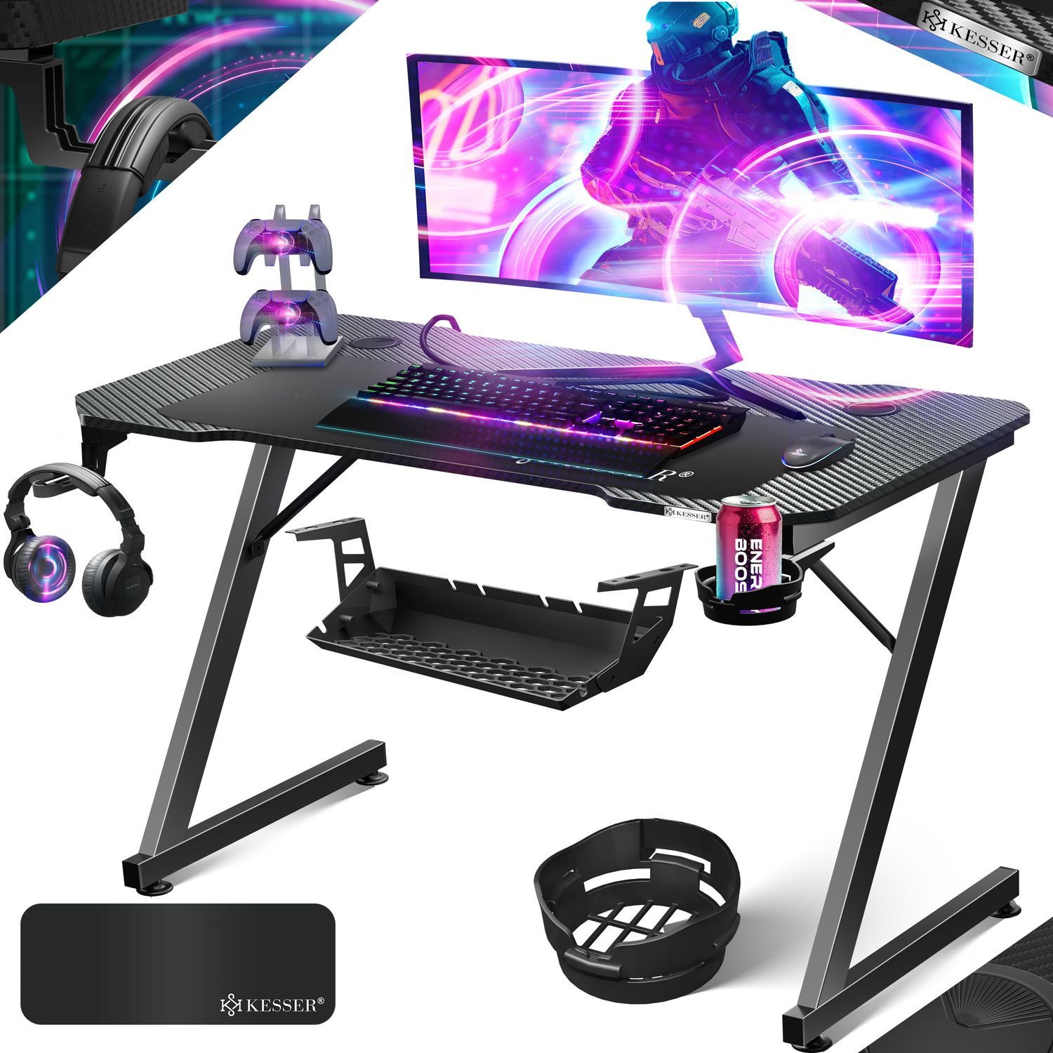 KESSER Gamingtisch, Gaming Schreibtisch mit Getränkehalter Ergonomischer Gamer Tisch