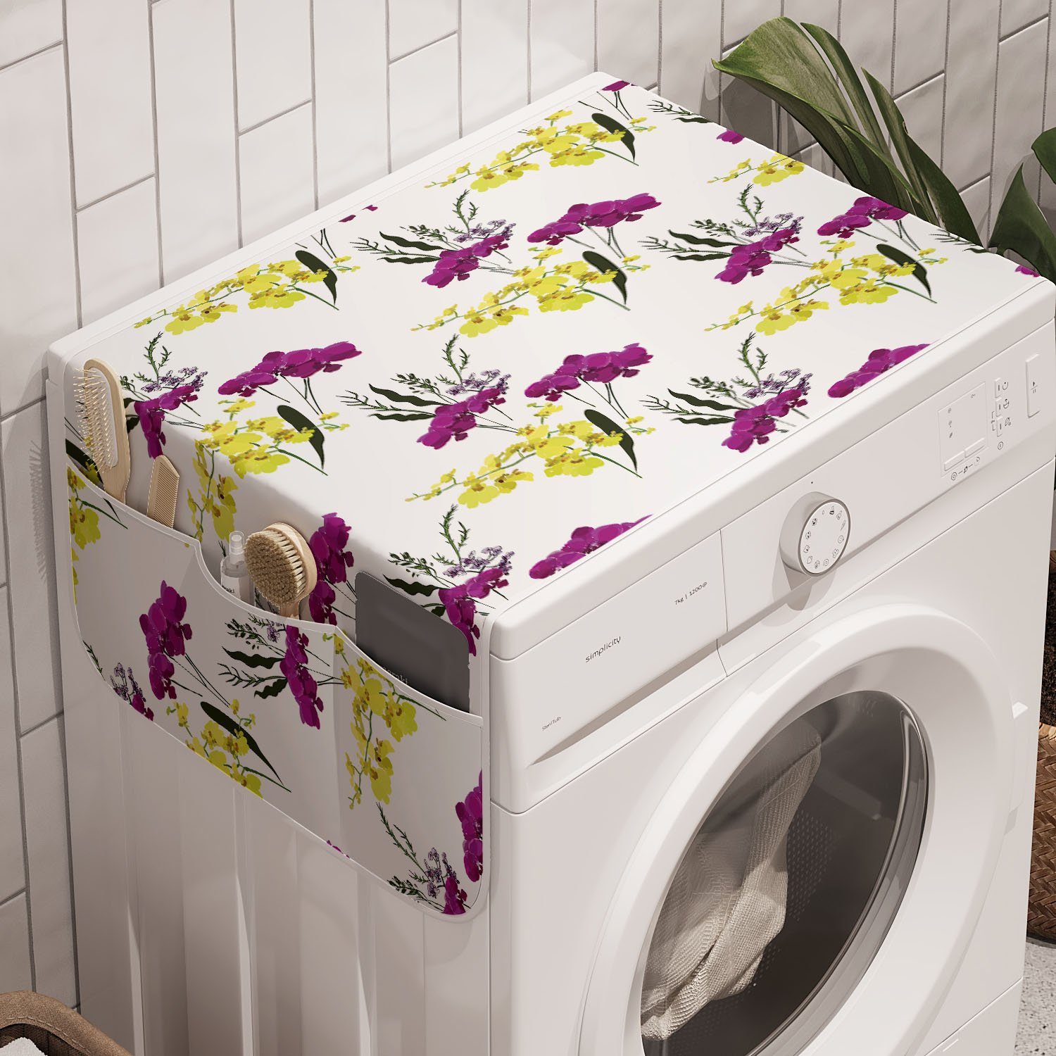 Abakuhaus Badorganizer Anti-Rutsch-Stoffabdeckung für Waschmaschine und Trockner, Blumen Gelb und lila Orchideen