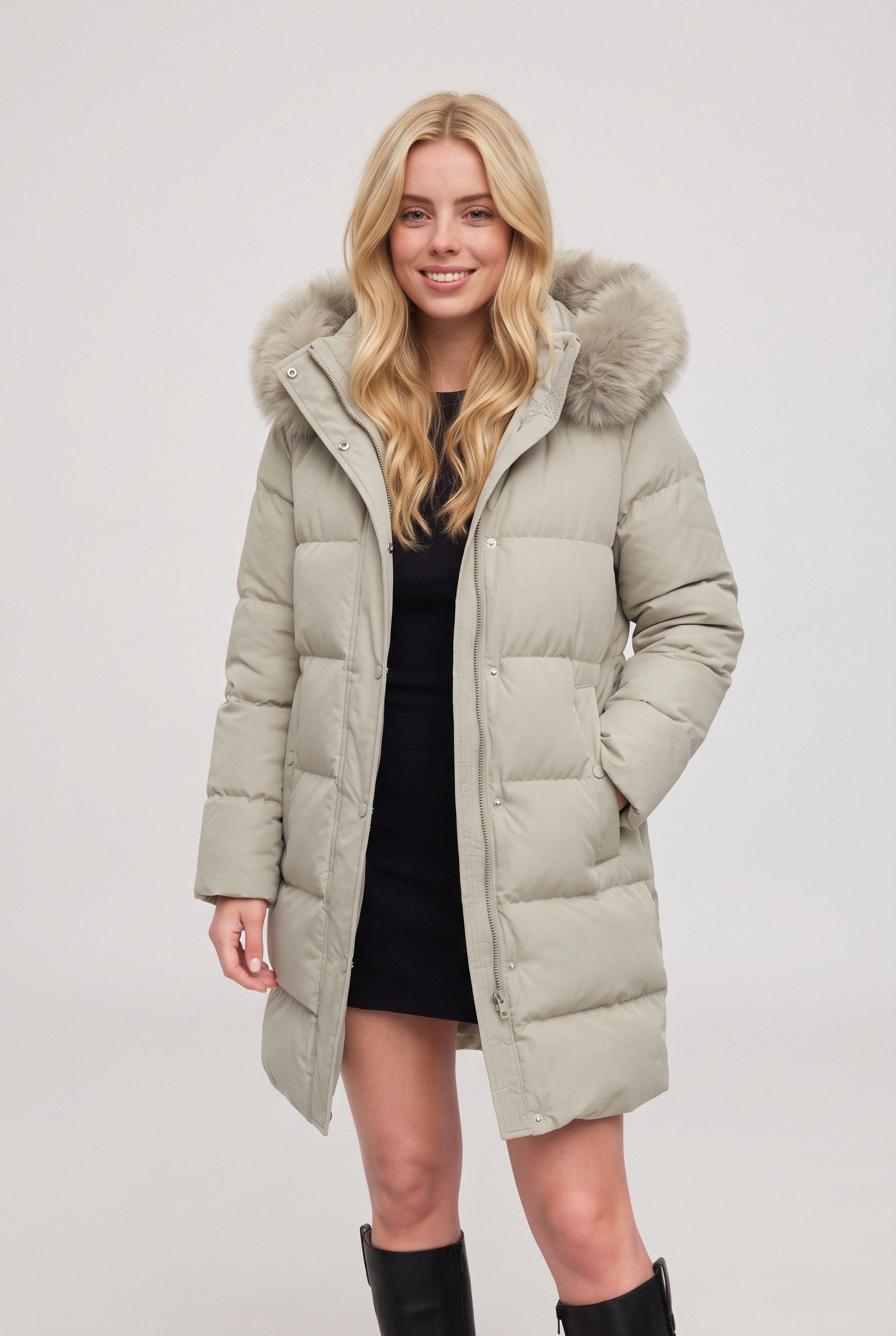 Copperose Parka #7630 Winterparka Steppmantel Winterjacke mit flauschiger Kapuze und zusätzlicher Knopfleiste als Windschutz