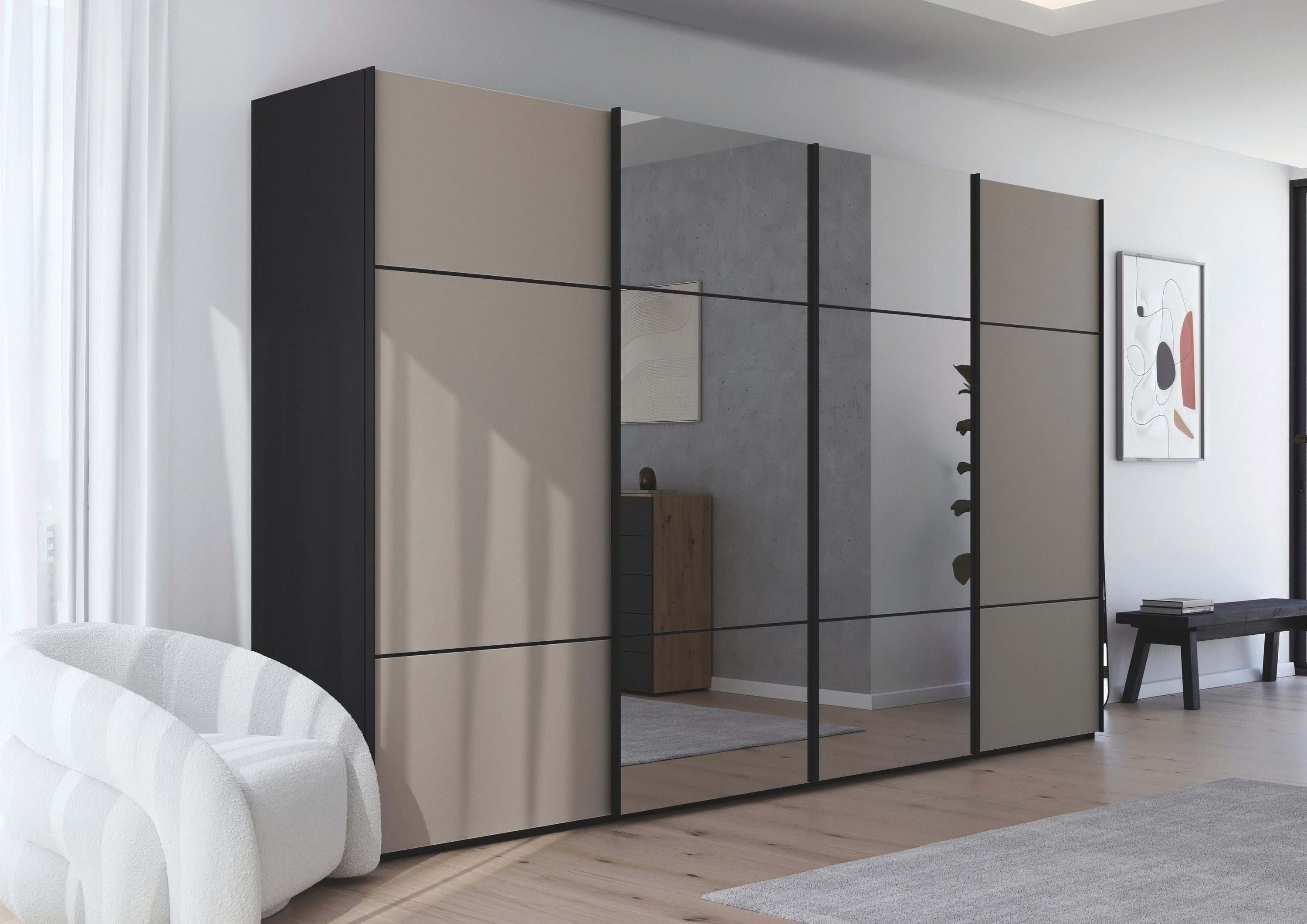 rauch Schwebetürenschrank Kleiderschrank Schrank Garderobe Schlafzimmerschrank SCALE-TRIO edle dreigeteilte Front mit 2 Zierleisten Spiegel/Glas MADE IN GERMANY