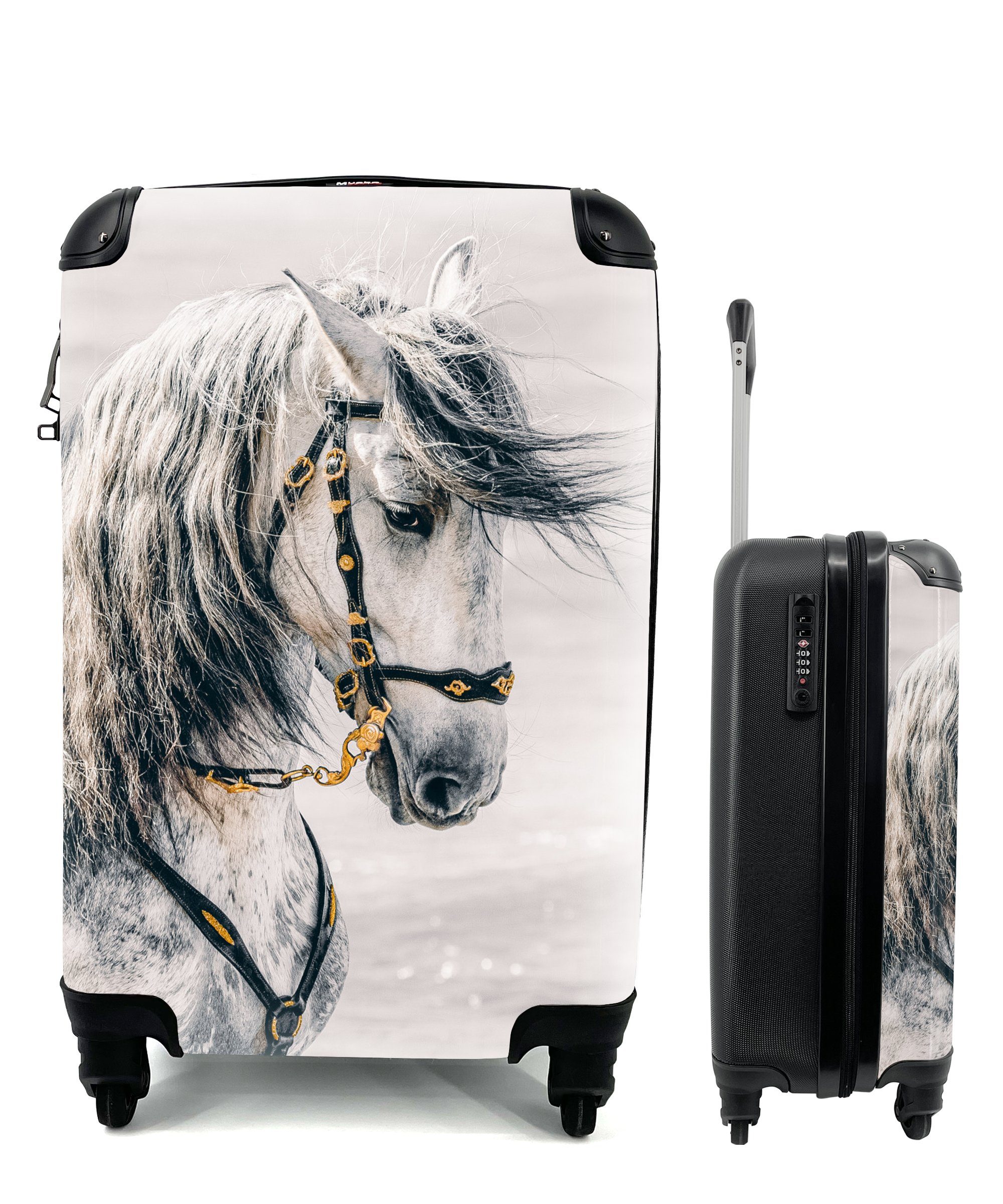 Pferd Handgepäckkoffer mit - - Trolley, für 4 Rollen, Reisetasche Reisekoffer Handgepäck MuchoWow Ferien, Halfter, rollen, Gold