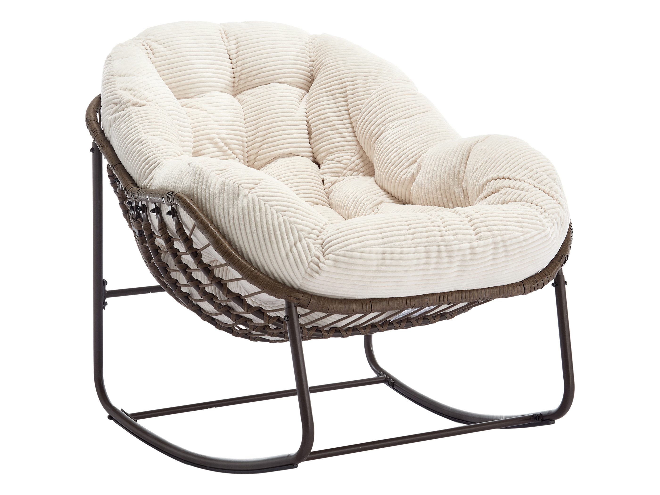 SeedWave Schaukelstuhl Übergrößen mit Handgewebtem Rattan, 15cm Kordstoff Gepolstertem Kissen, Eiförmiger Schaukelsessel mit rutschfester Basis, Stahlgestell