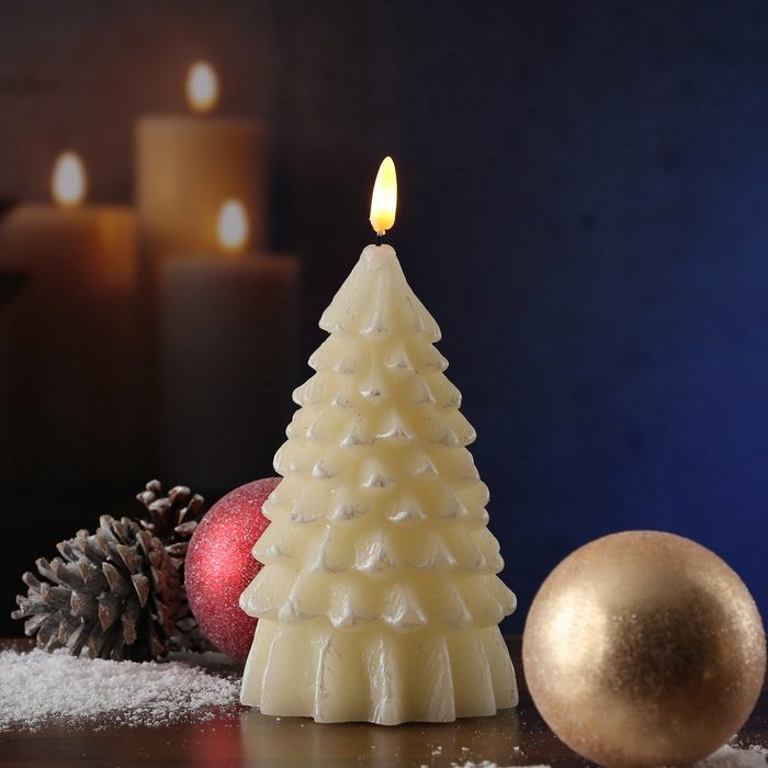 MARELIDA LED-Kerze LED Kerze Tannenbaum Echtwachs warmweiße 3D Flamme H: 18cm Timer creme