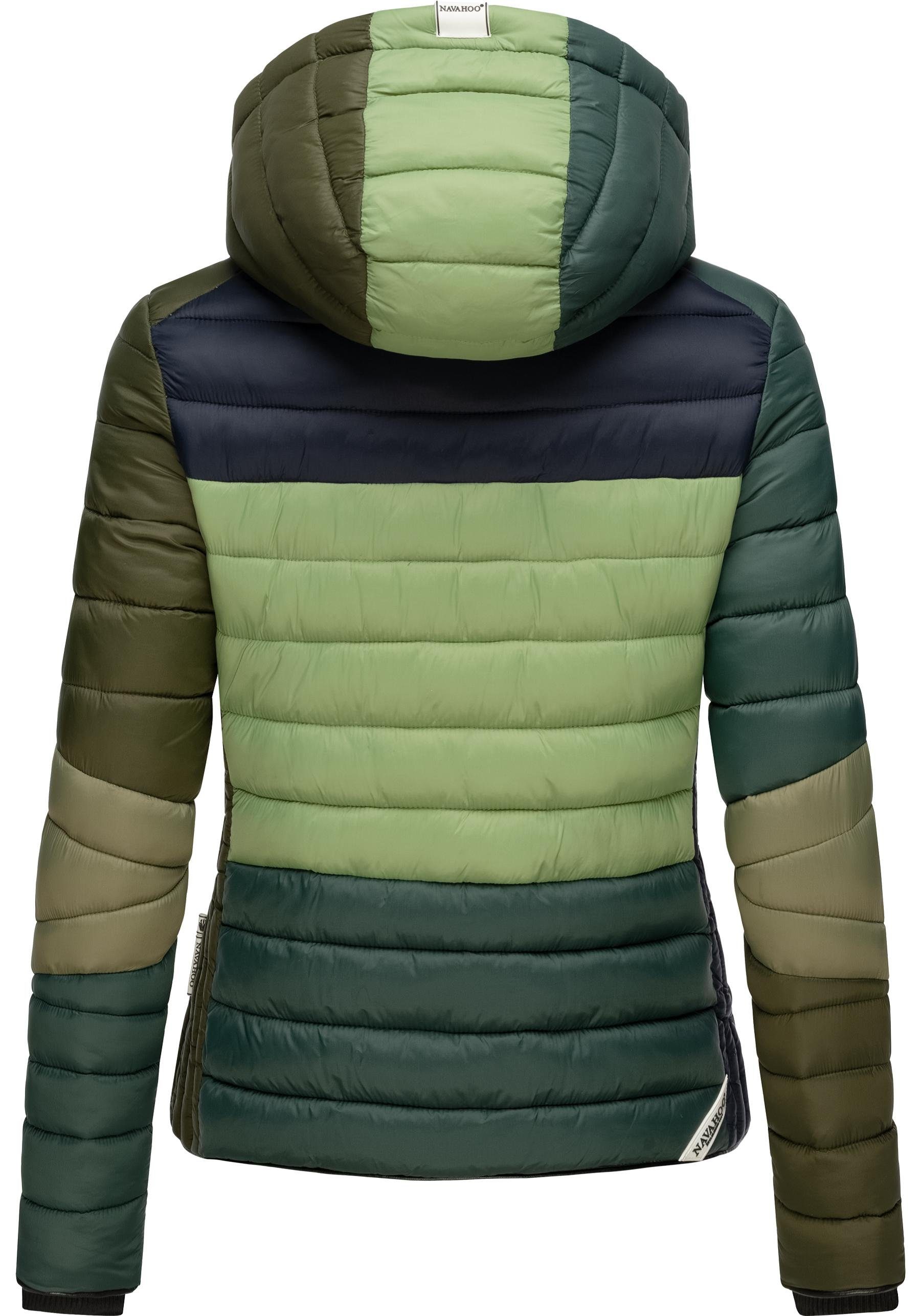 Navahoo Steppjacke Lulana Multikulti im mit Übergangsjacke tannengrün Colourblocking Kapuze Stil leichte