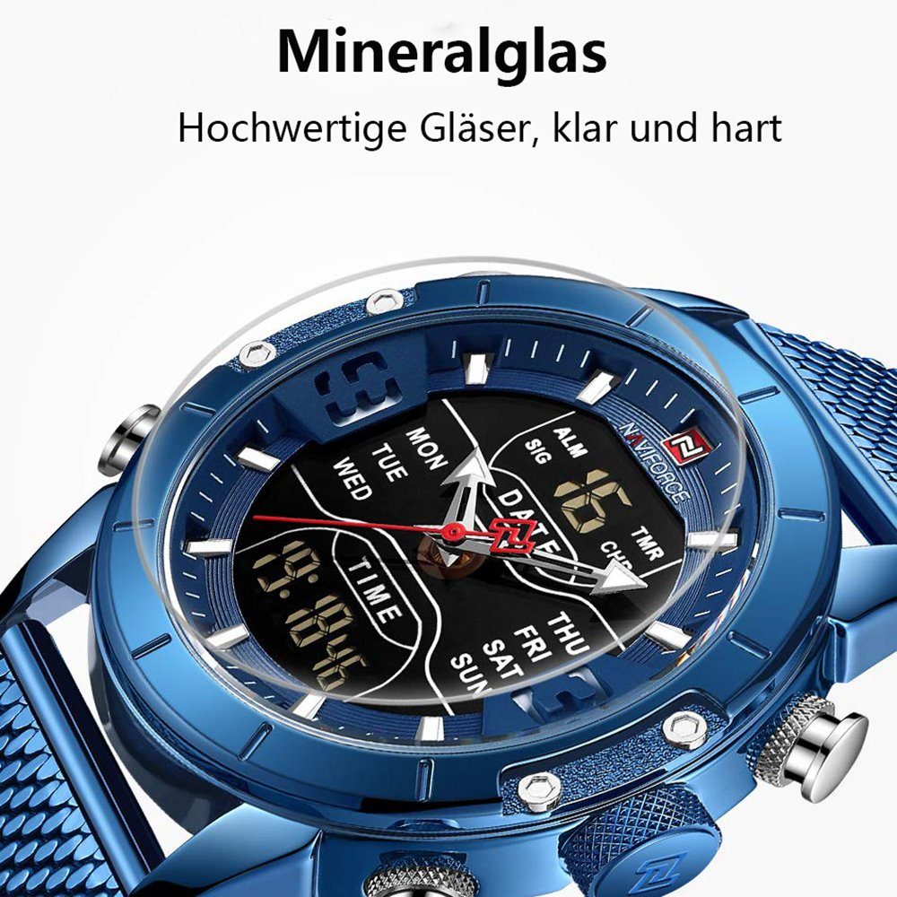 Digitaluhr, Quarzuhr Armbanduhr GelldG wasserdichte Sportuhren, Uhr Blau Edelstahl