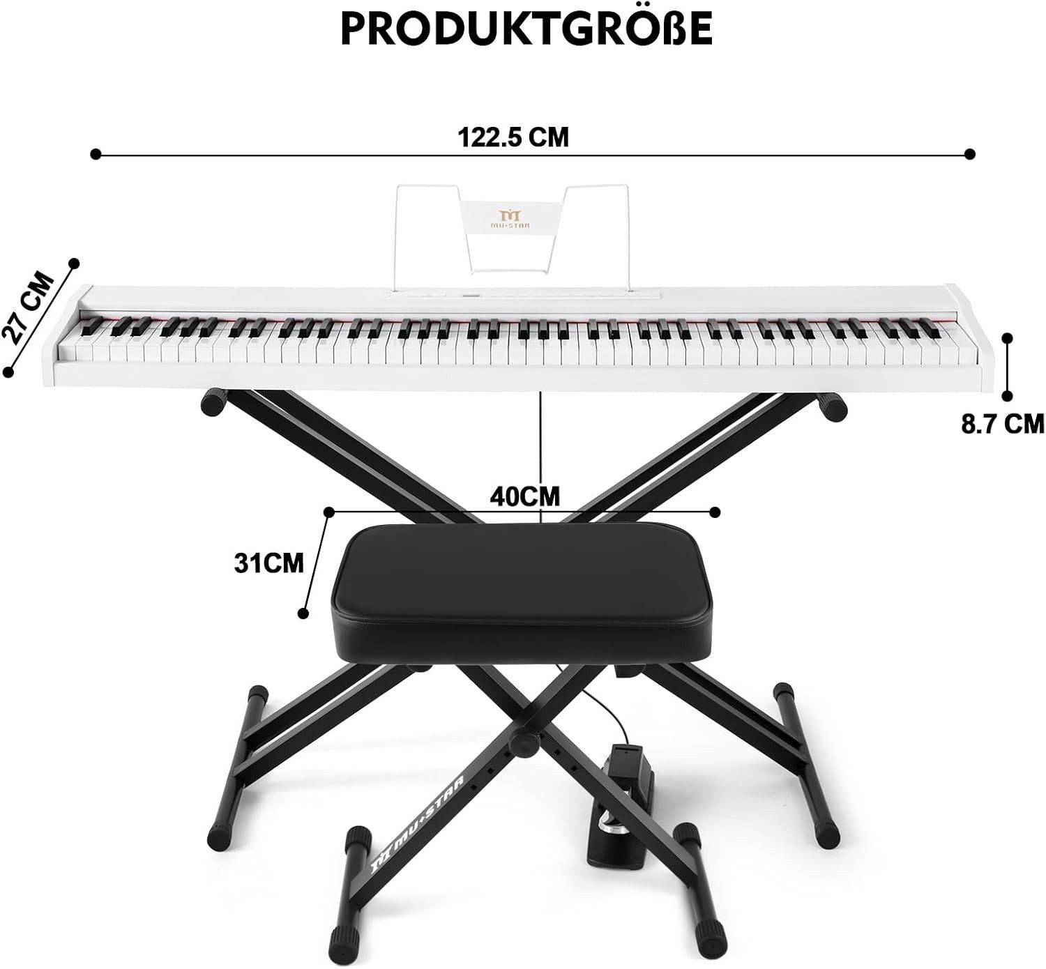 MUSTAR Digitalpiano 88 Tasten mit halbgewichteten Tasten und Bluetooth (mit Pianobank), Portables E-Piano Set mit Sustain Pedal, Ständer und Tragetasche