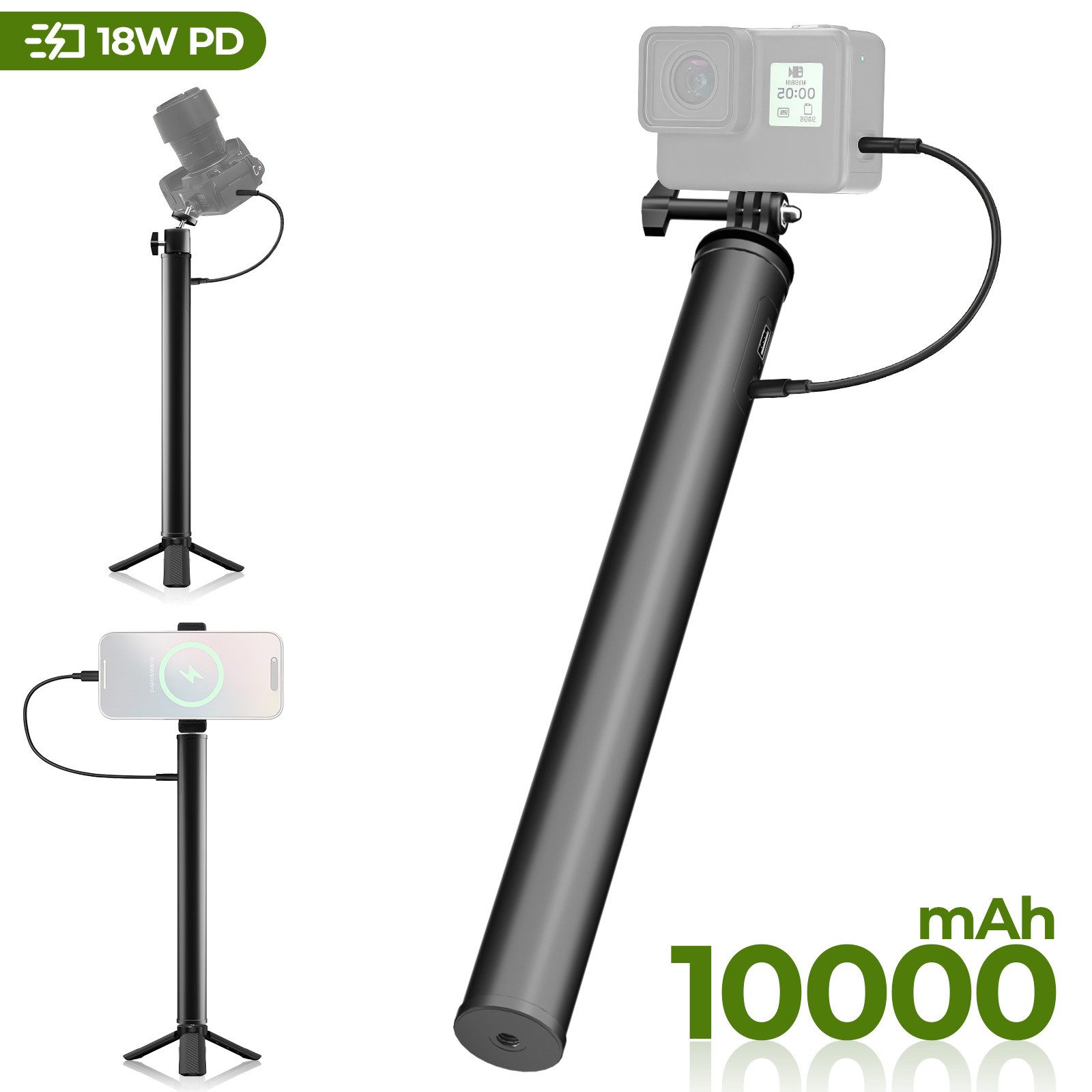 GLIESE 10.000 mAh Powerbank Unterstützt 18W PD-Schnellladung Handstativ (10000 mAh Akku + Aufnahmegriff, für Kameras,Smartphones, Action-Cams)