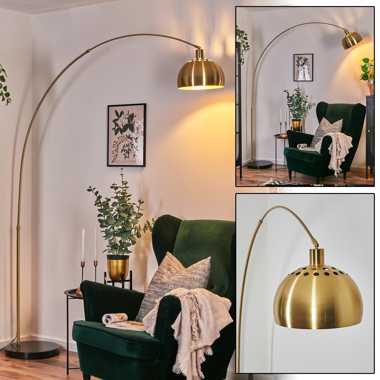 hofstein Bogenlampe Stehlampe aus Metall m. Marmorfuß in Schwarz/Gold/Messing gebürstet, ohne Leuchtmittel, verstellbar, im Retro/Vintage-Design, Fußschalter, Lichteffekt, E27