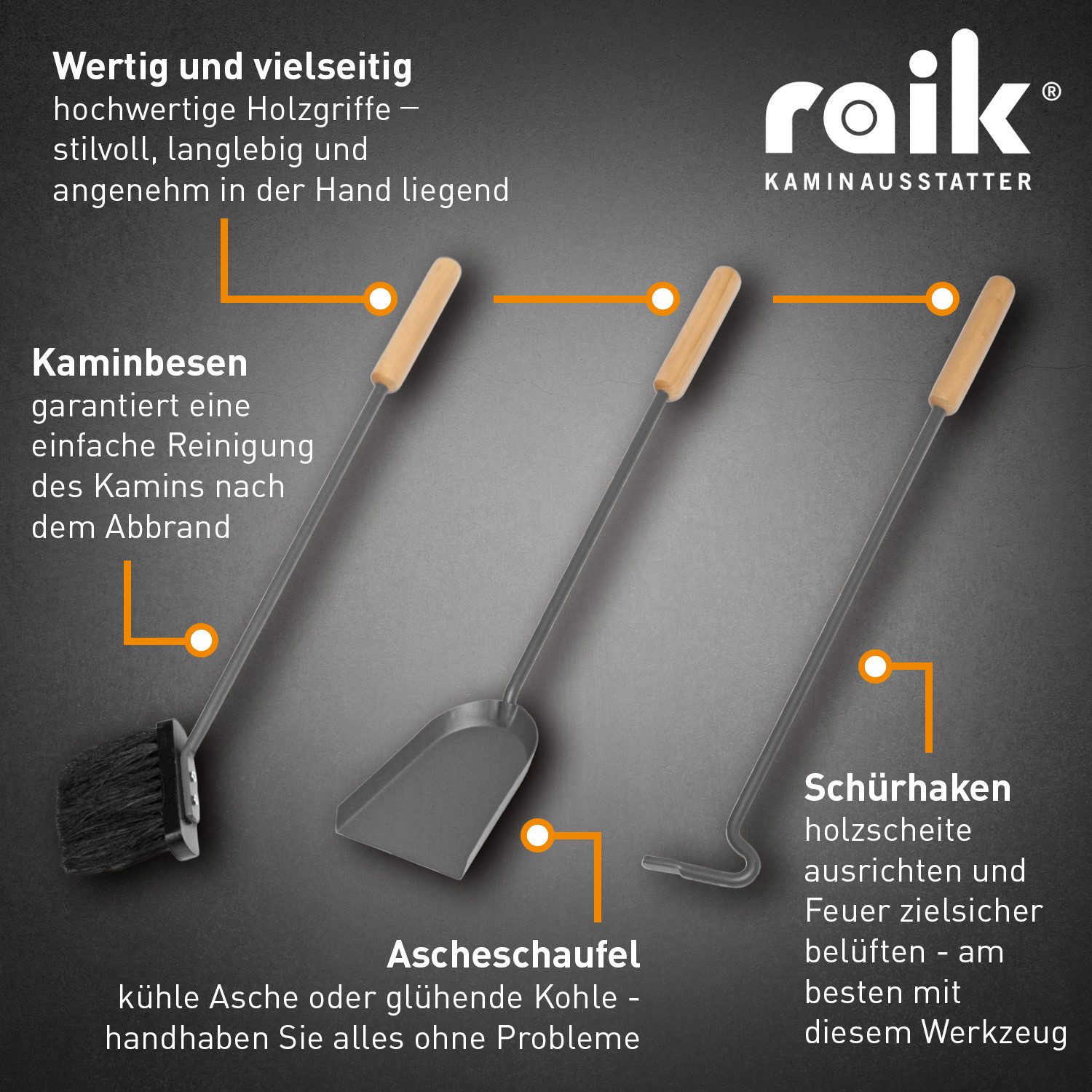 Raik Kamingarnitur Raik Kaminbesteck Otto, 3-teilig, grau, Holzgriffe, 64 cm