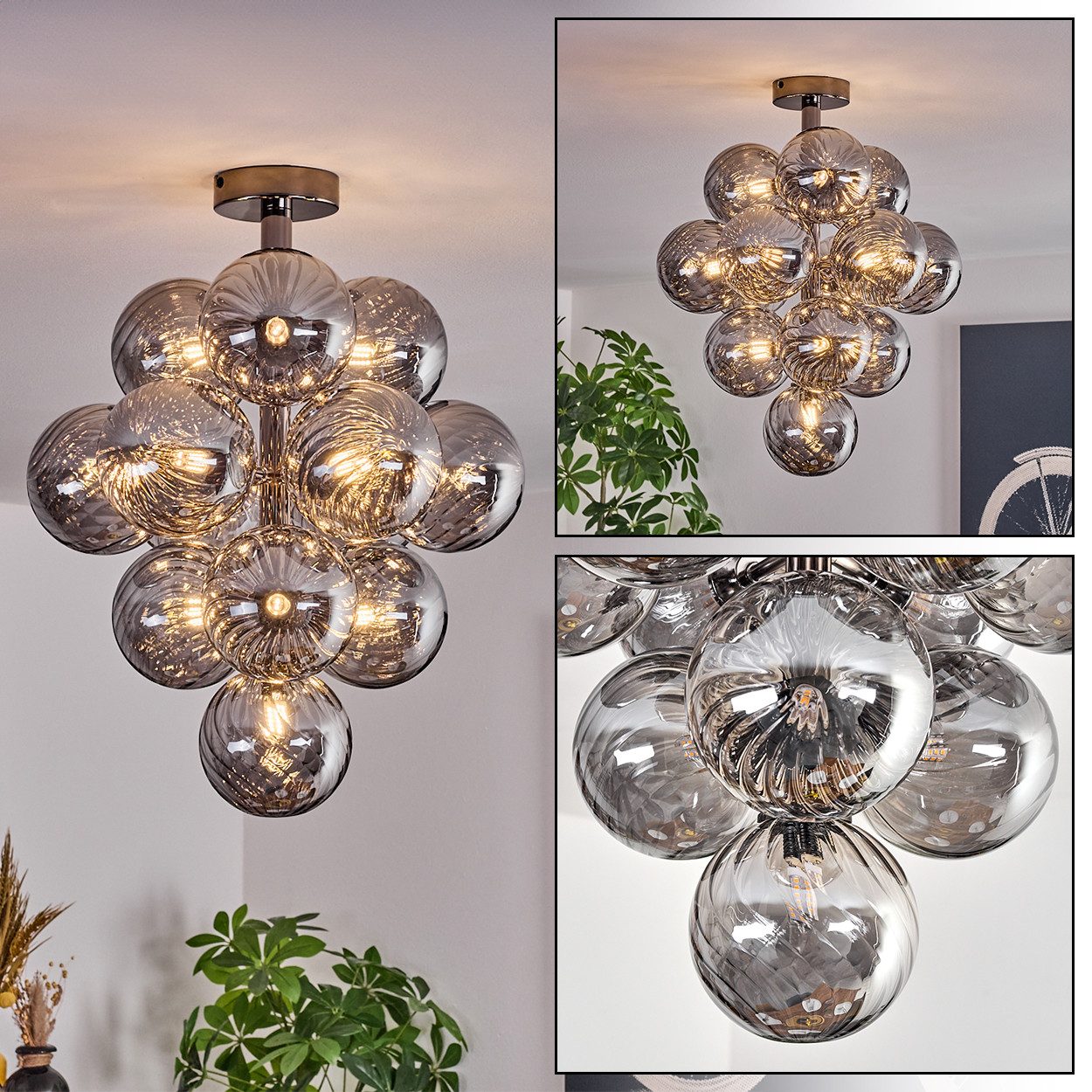 hofstein Deckenleuchte Deckenlampe aus Metall/Riffelglas in Schwarz/Rauchfa günstig online kaufen