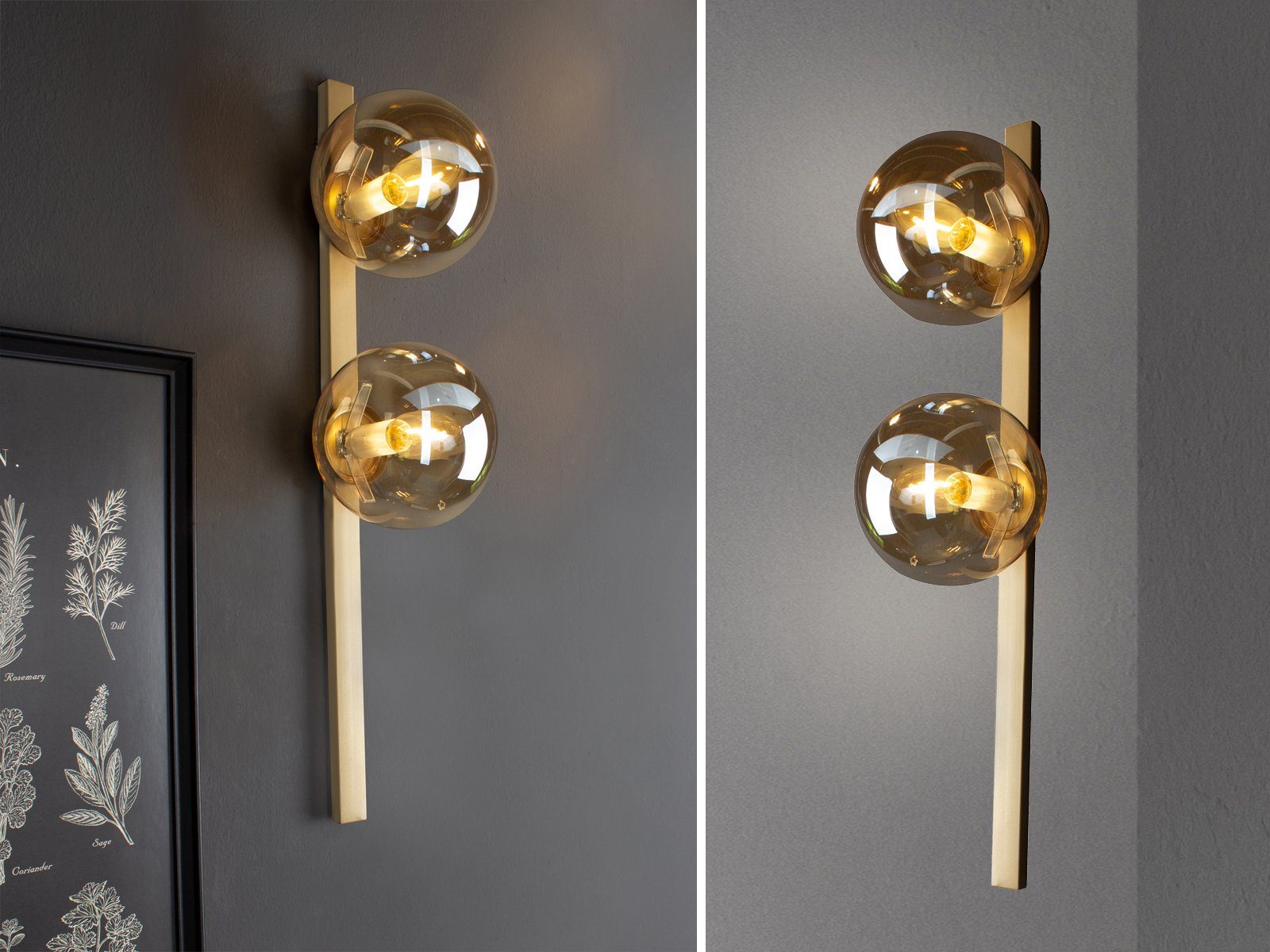 Warmweiß, LED wechselbar, Schalter, Gold-en, innen, 2x mit Lampe H: Glas-kugel, Messing-Amber meineWunschleuchte Bauhaus LED 60cm Dimmfunktion, Wandleuchte,