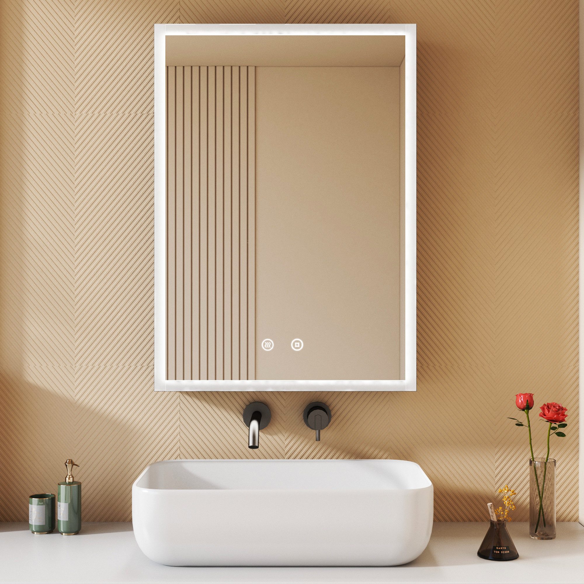 WDWRITTI Wandhängeschrank Alu Spiegelschrank Bad mit Beleuchtung 70cm breit 50x70cm, Badezimmerspiegelschrank Hängeschrank 3Lichtmodi Dimmbar Anti-fog Memory, mit Netzadapter, IP44