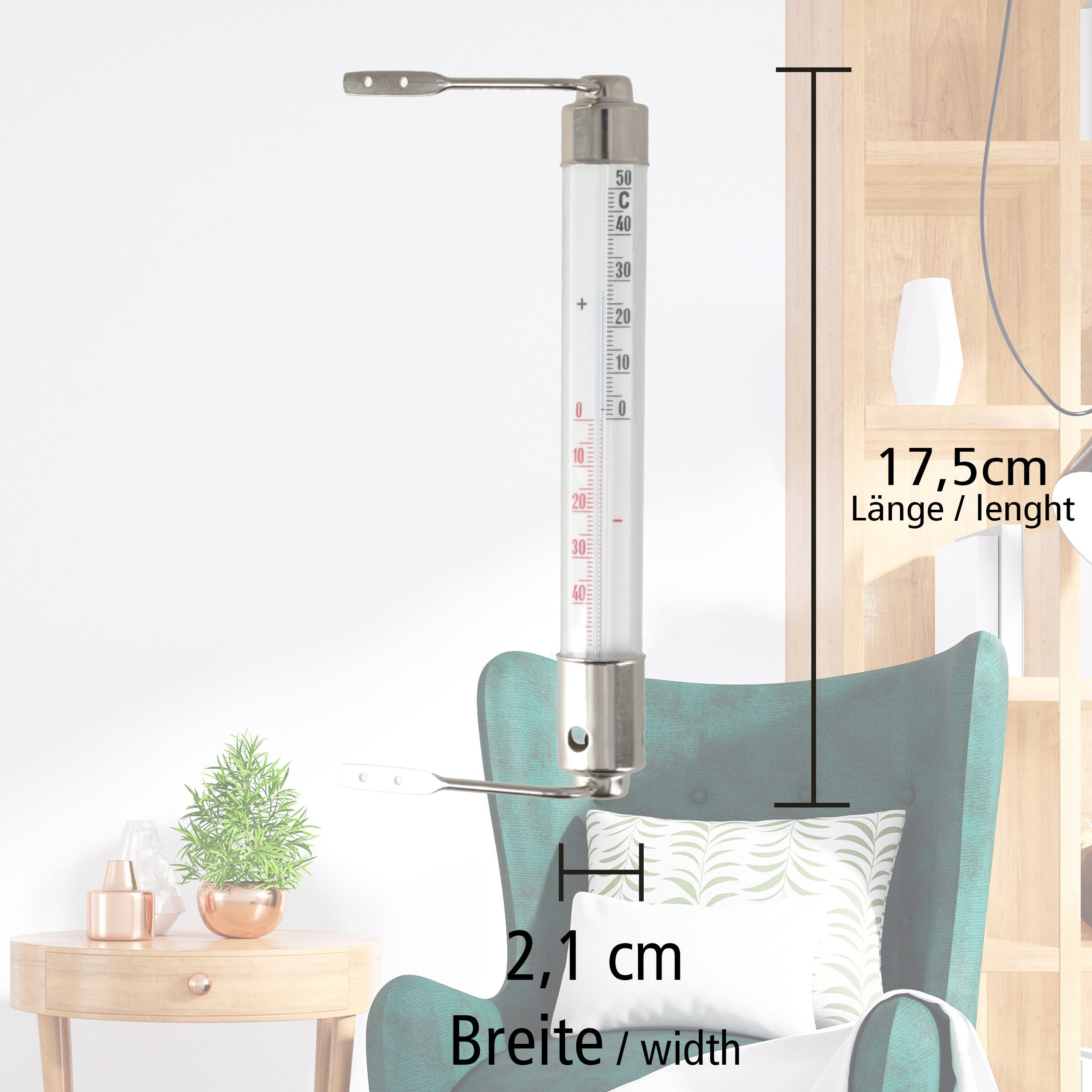 Lantelme Fensterthermometer Wiener Metall Thermometer Analog Außen Fenster Garten Außenthermometer, Temperatur Analog -40 bis 50°C, Außenthermometer, Gartenthermometer, Deutsche Herstellung, 17cm Lang