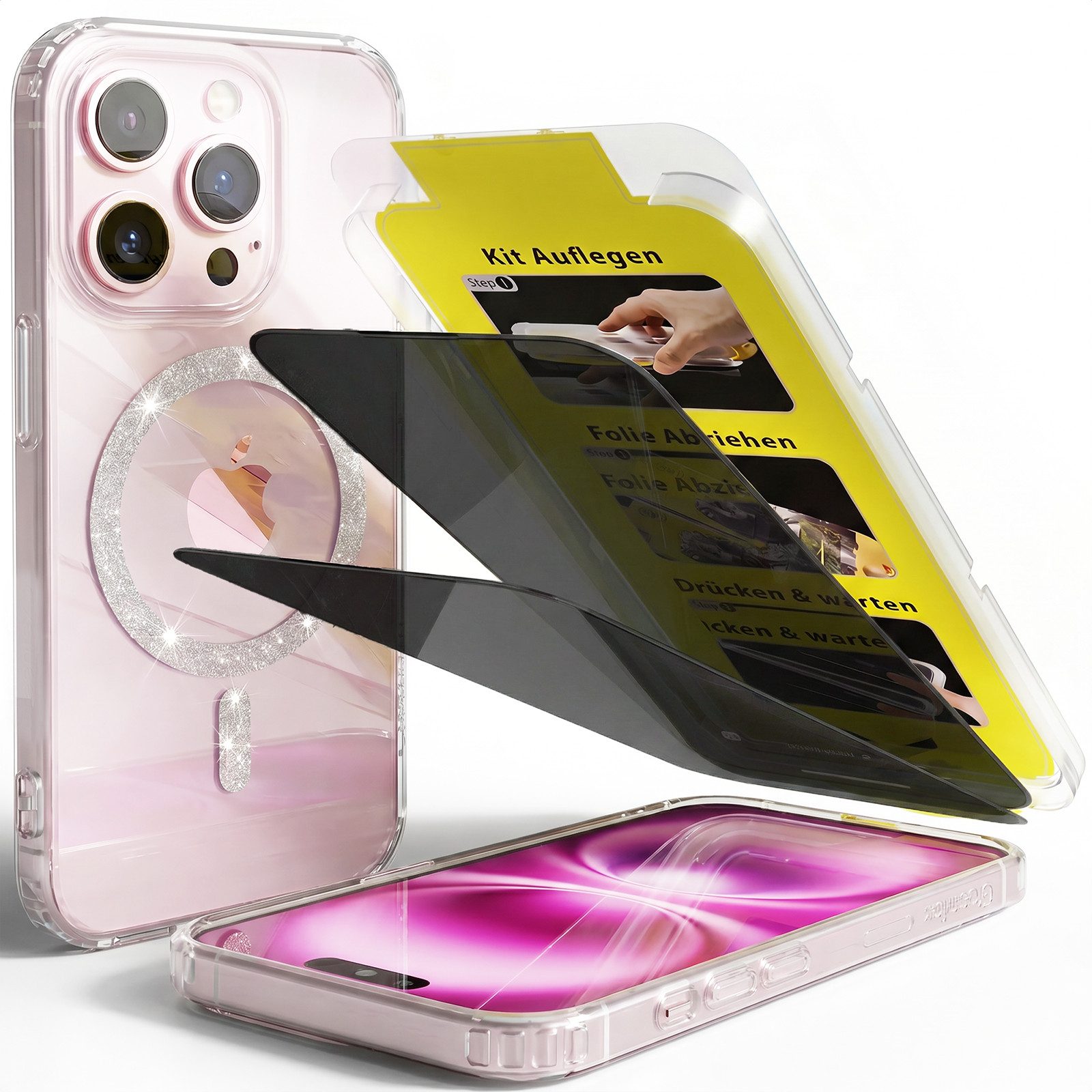 GreenHec Handyhülle Handyhülle iPhone 17 16 15 14 13 Pro Max Plus Glitzer Case Transparent 7 Zoll, Glänzend Magnetring, Transparent Hülle iPhone, GreenHec Clear Case