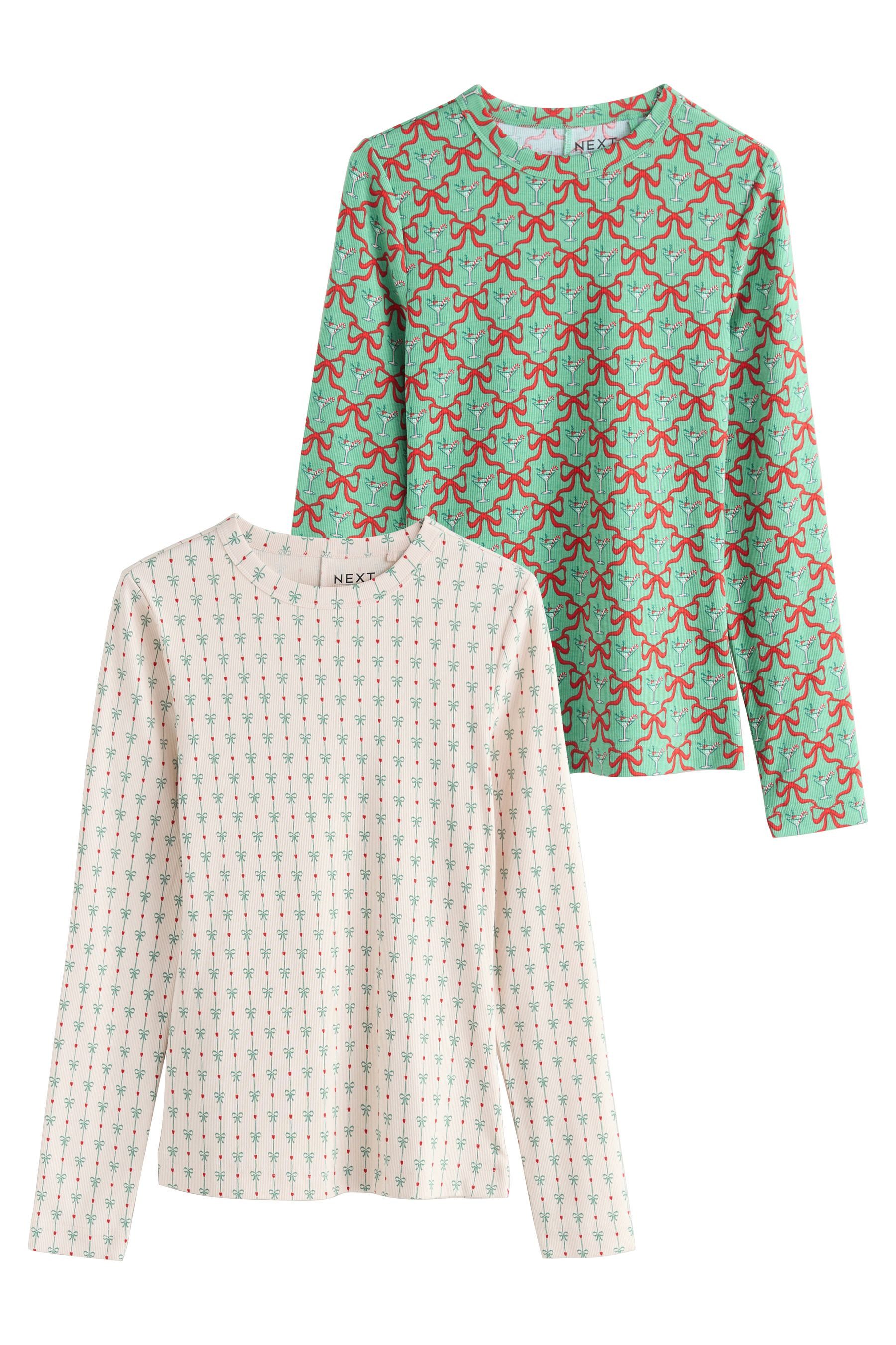 Next Langarmshirt Gerippte Tops im 2er-Pack, Weihnachtsschleife (2-tlg) günstig online kaufen