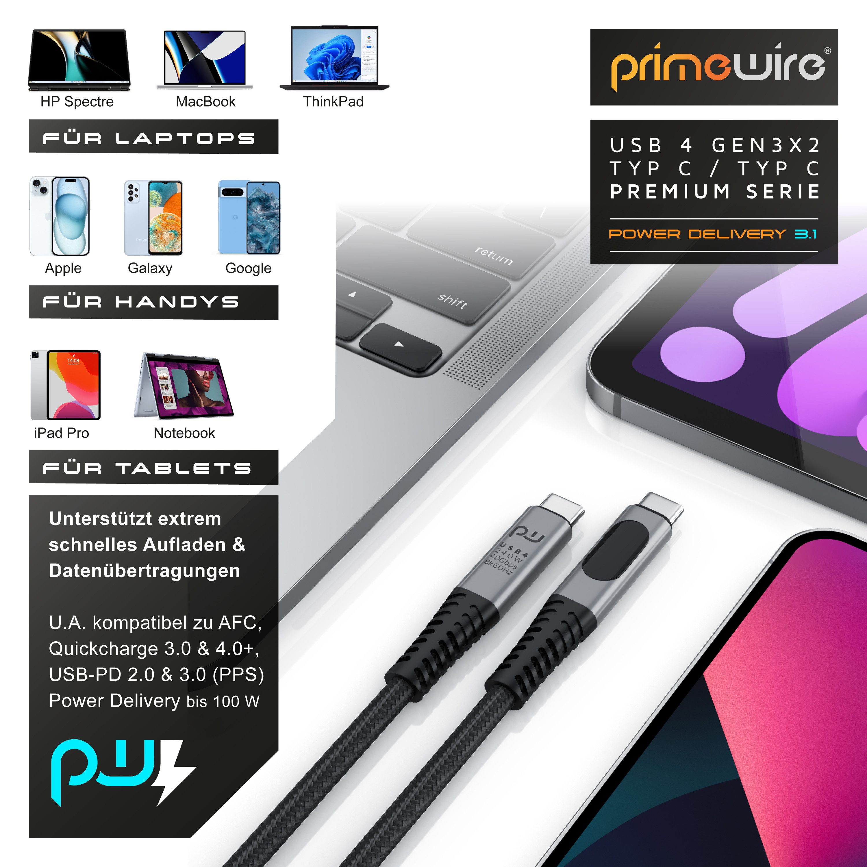 Primewire Thunderbolt 3 Kabel, USB 4 Typ C, USB-Kabel, USB-C, (100 cm), Gen 3x2-100 Watt Ladekabel / Datenkabel 40 Gbit/s mit Display, 1m