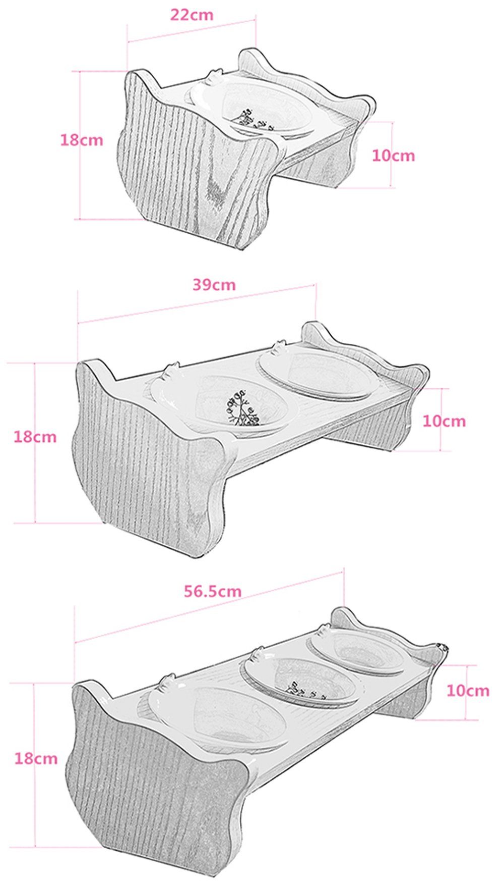CatS Design Futternapf CatS Design Holz/Keramiknäpfe Katzennapf"Neigy"3er, Porzellan, -hochwertig Keramik-Holz-edel-Futterbar-Anti-Rutsch-spülmaschinenfest