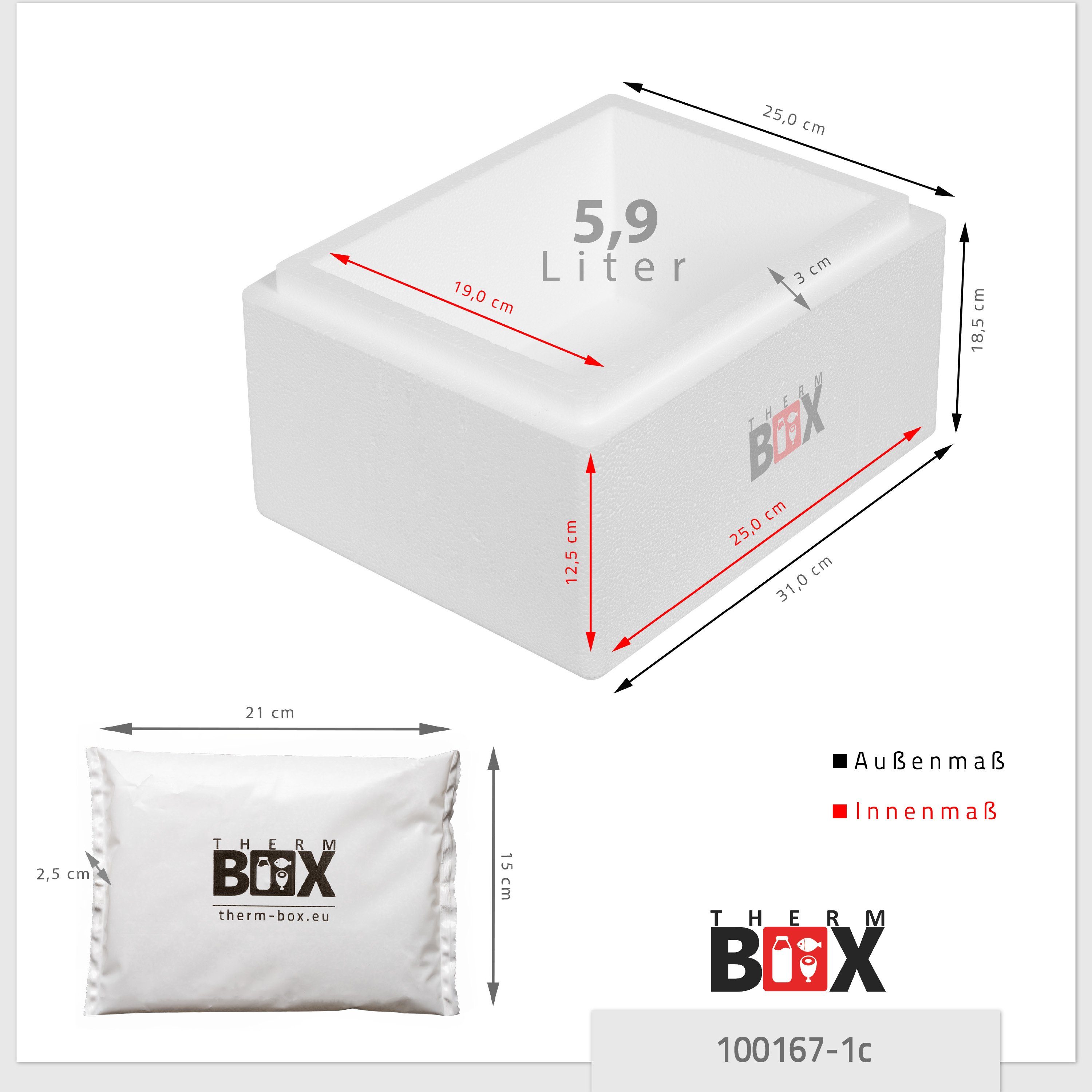 THERM-BOX Thermobehälter Styroporbox 5W mit Thermobehälter Kühlkissen), mit 1 25x19x12cm Thermbox (0-tlg., Kühlbox Innen: Transportbox Kühlkissen, Styropor-Verdichtet, 5,9L Kühlakku