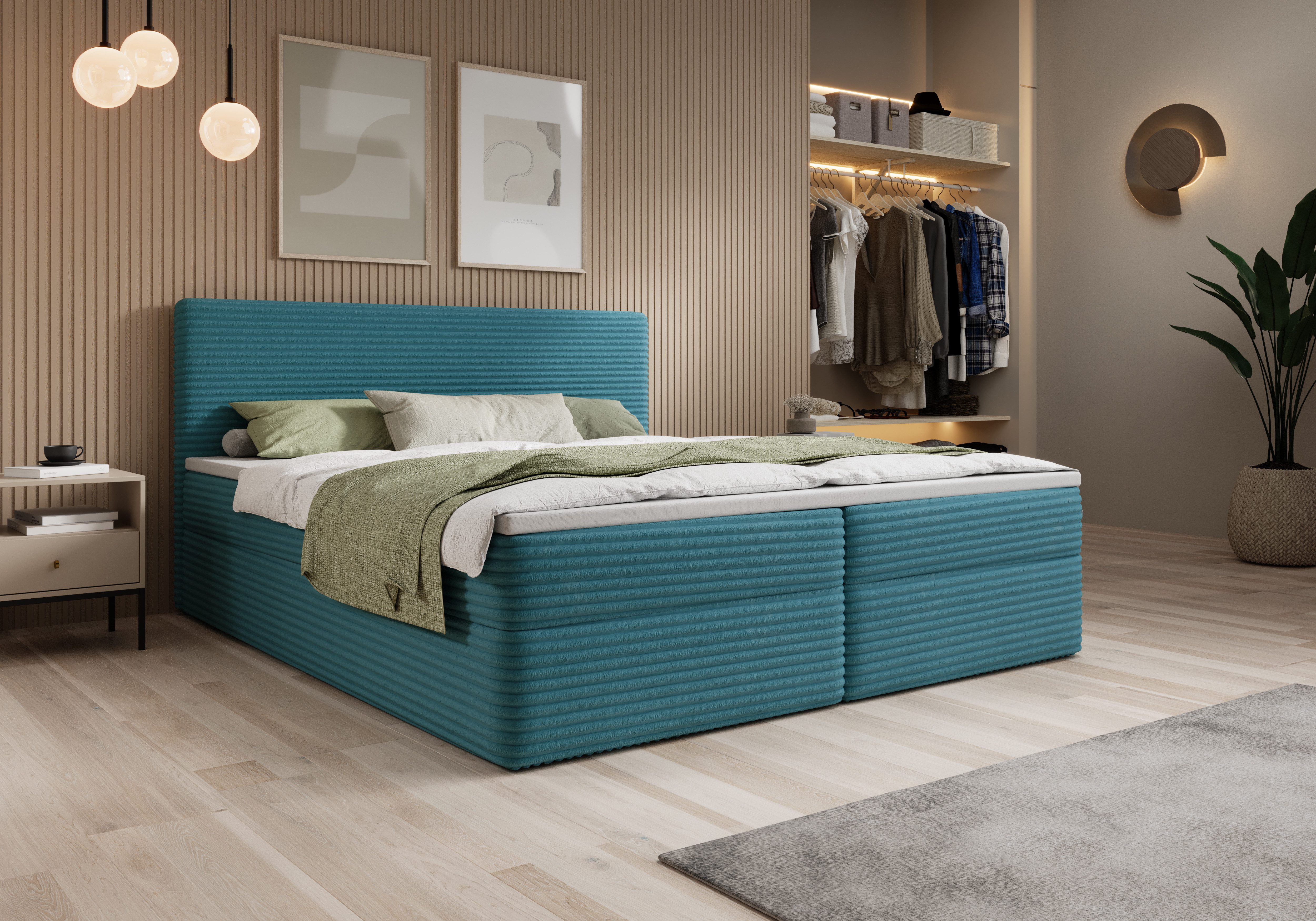 thematys Boxbett mit zwei Bettkasten 140x200–200x200 cm – Cordstoff Bezug – (Polsterbett Bonnellfederkern Matratze H3 + Gratis 3cm Topper, Boxbett - Luxus Doppelbett mit Stauraum)