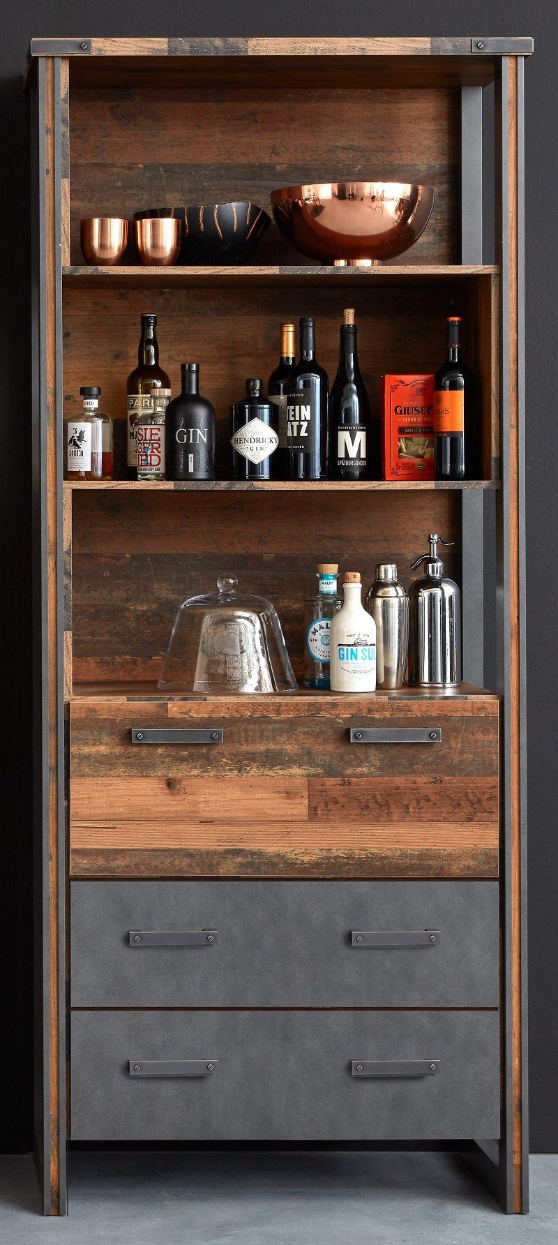 trendteam Vitrine Highboard Hochschrank Regal Prime, Old Used Wood / Matera grau