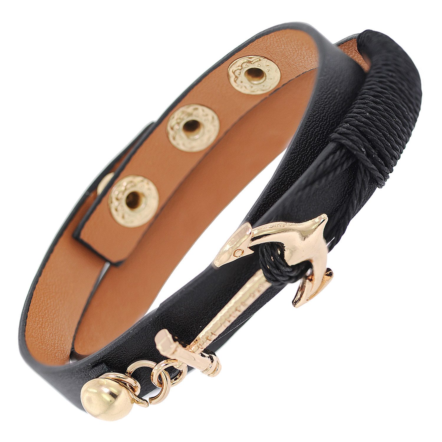 trendor Wickelarmband Leder-Schwarz mit goldfarbenem Anker