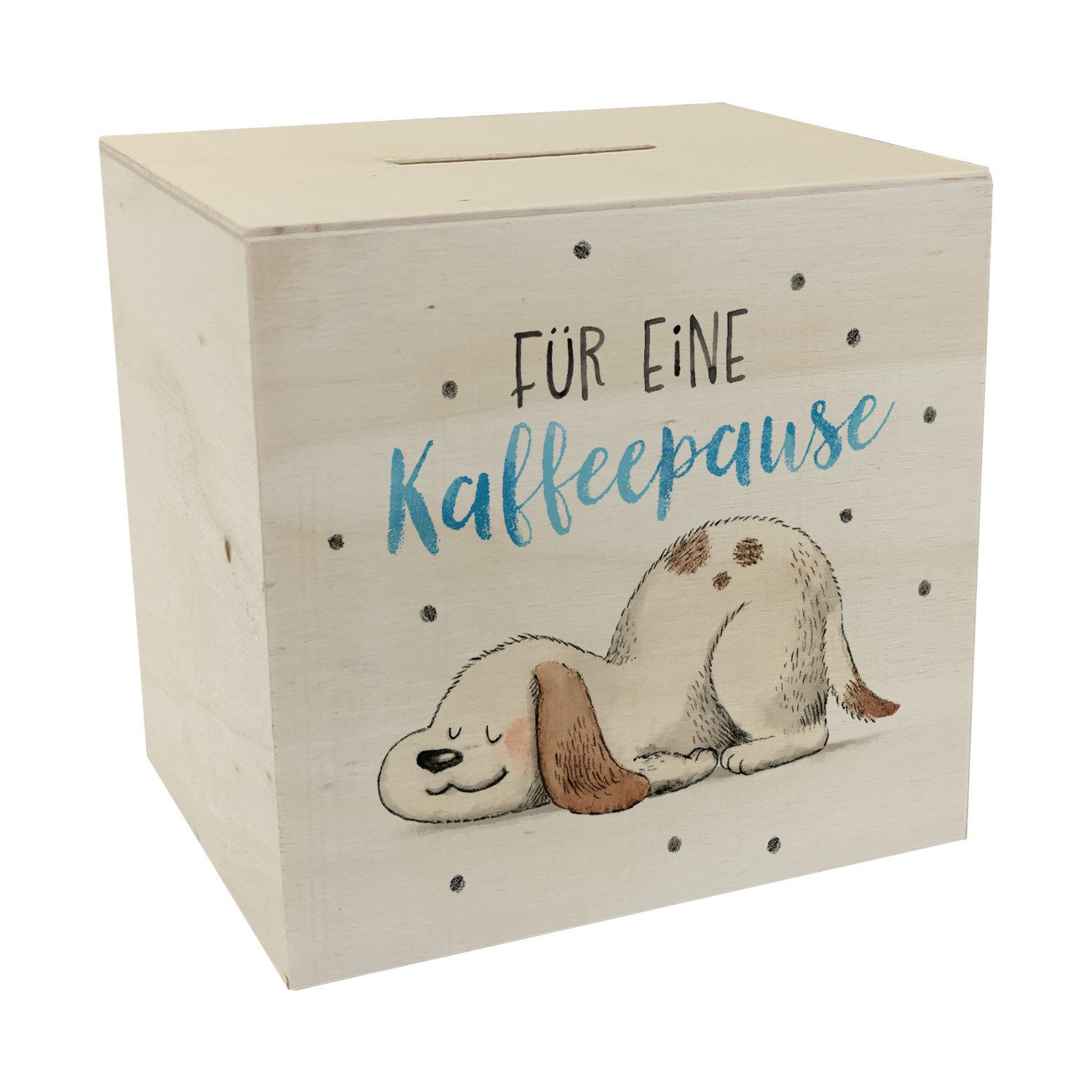 Spardose Relaxter Hund Spardose aus Holz mit Spruch Für eine Kaffeepause