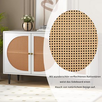 IDEASY Sideboard Kommode, Aufbewahrungseinheit, 129,8 x 40 x 76 cm, (mit 3 dekorativen Rattantüren, mit Metallgriffen, geeignet für), Schlafzimmer, Wohnzimmer und Büros, Metallbeine, verstellbare Regale