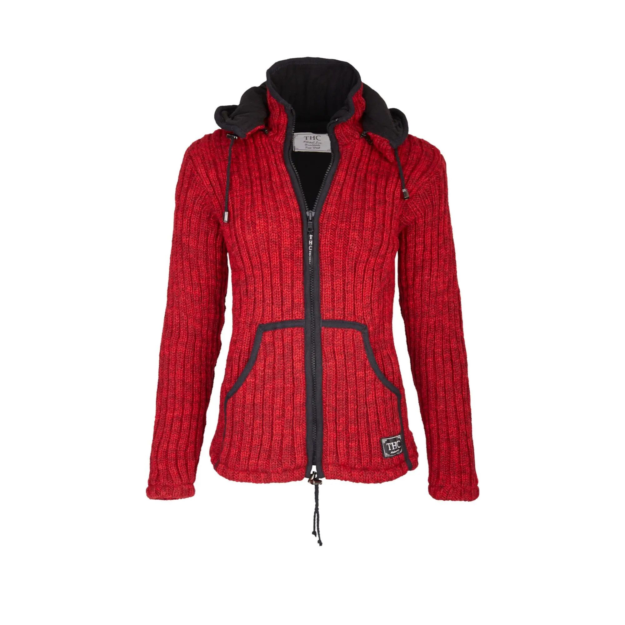 THC Natural Line Strickjacke THC Schafwollstrickjacke rot 715 (1 Stück, 1-tlg., 1 Stück) Strickjacke mit abnehmbarer Kapuze