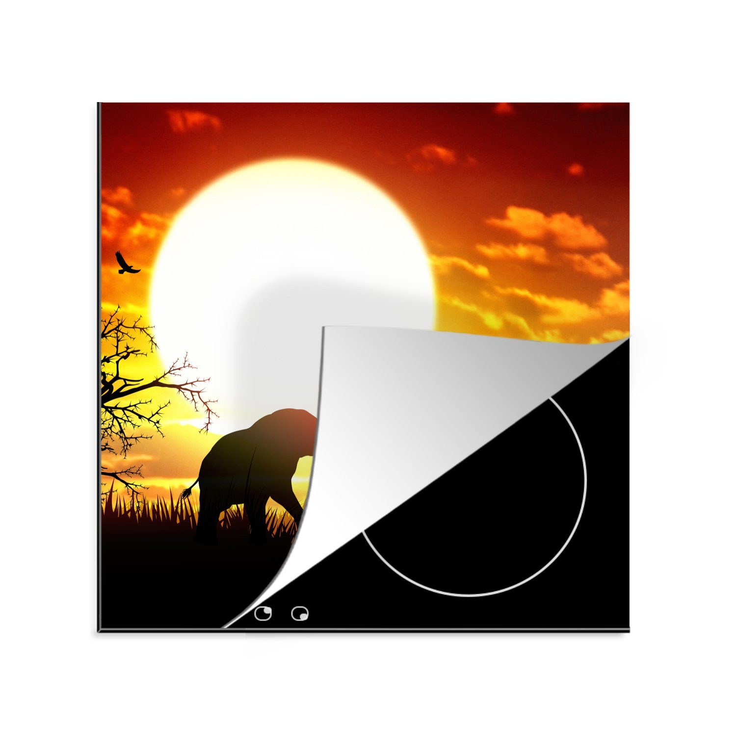 cm, Eine küche für Vinyl, Ceranfeldabdeckung, Sonnenuntergang, bei (1 von tlg), Illustration Arbeitsplatte MuchoWow 78x78 Herdblende-/Abdeckplatte Elefanten