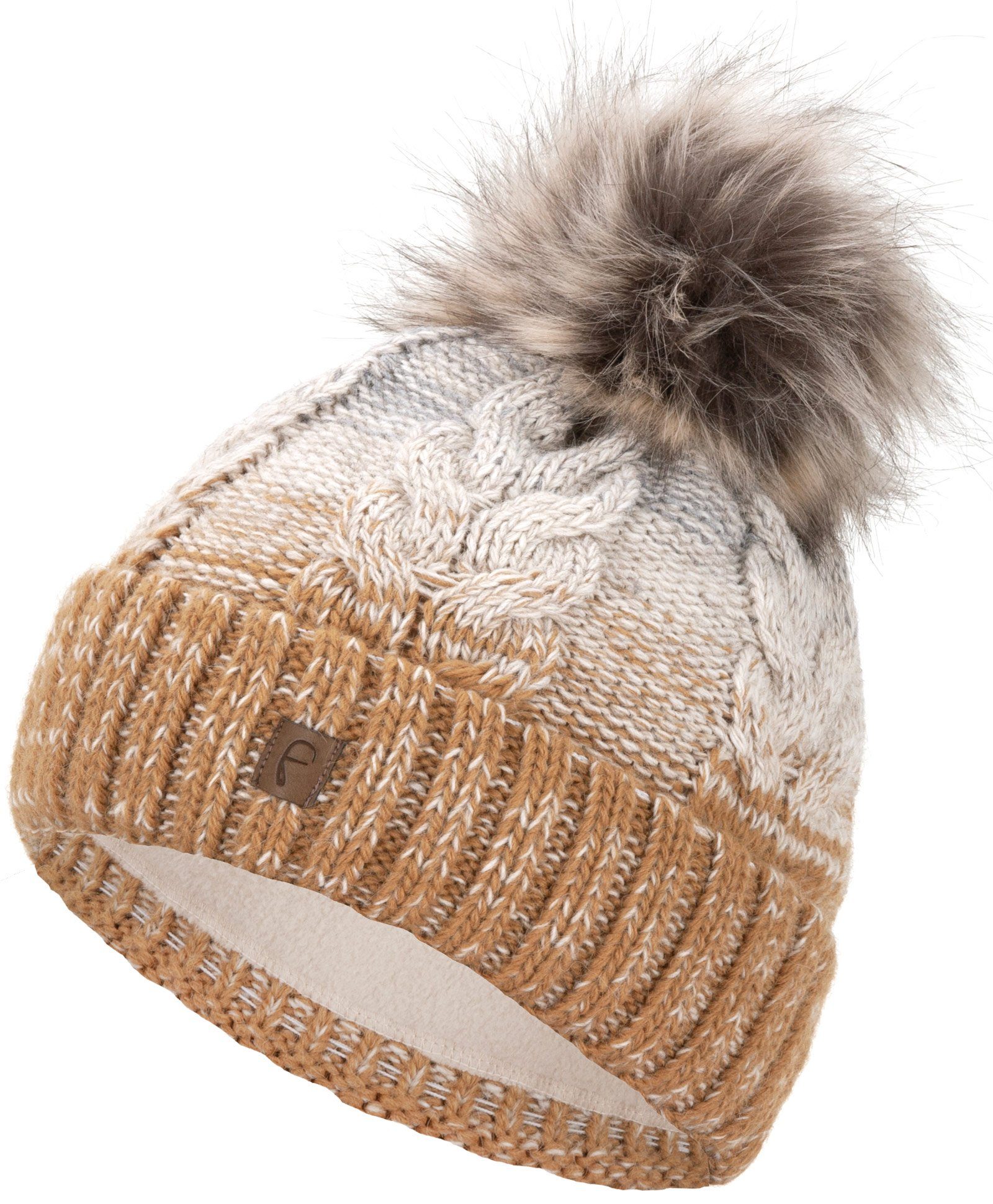 Faera Wintermütze Haube Bommelmütze Strickmütze gefüttert Beanie Winter hellbraun Mütze Damen