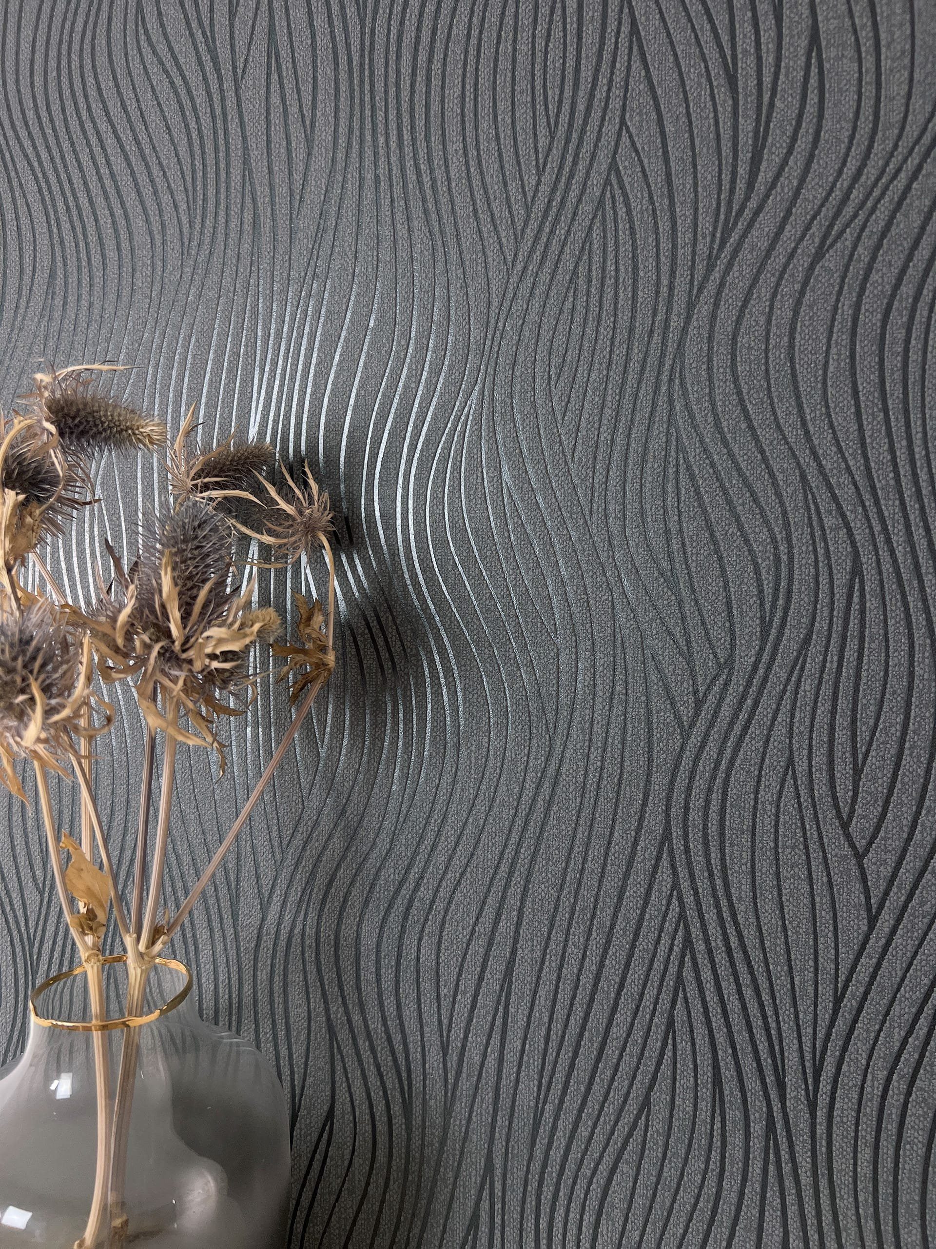 Newroom Vliestapete, Anthrazit Tapete Streifen Wellen - Wellenmuster Leicht glänzend Dunkelgrau Modern 3D Optik Linien Struktur für Wohnzimmer Schlafzimmer Küche
