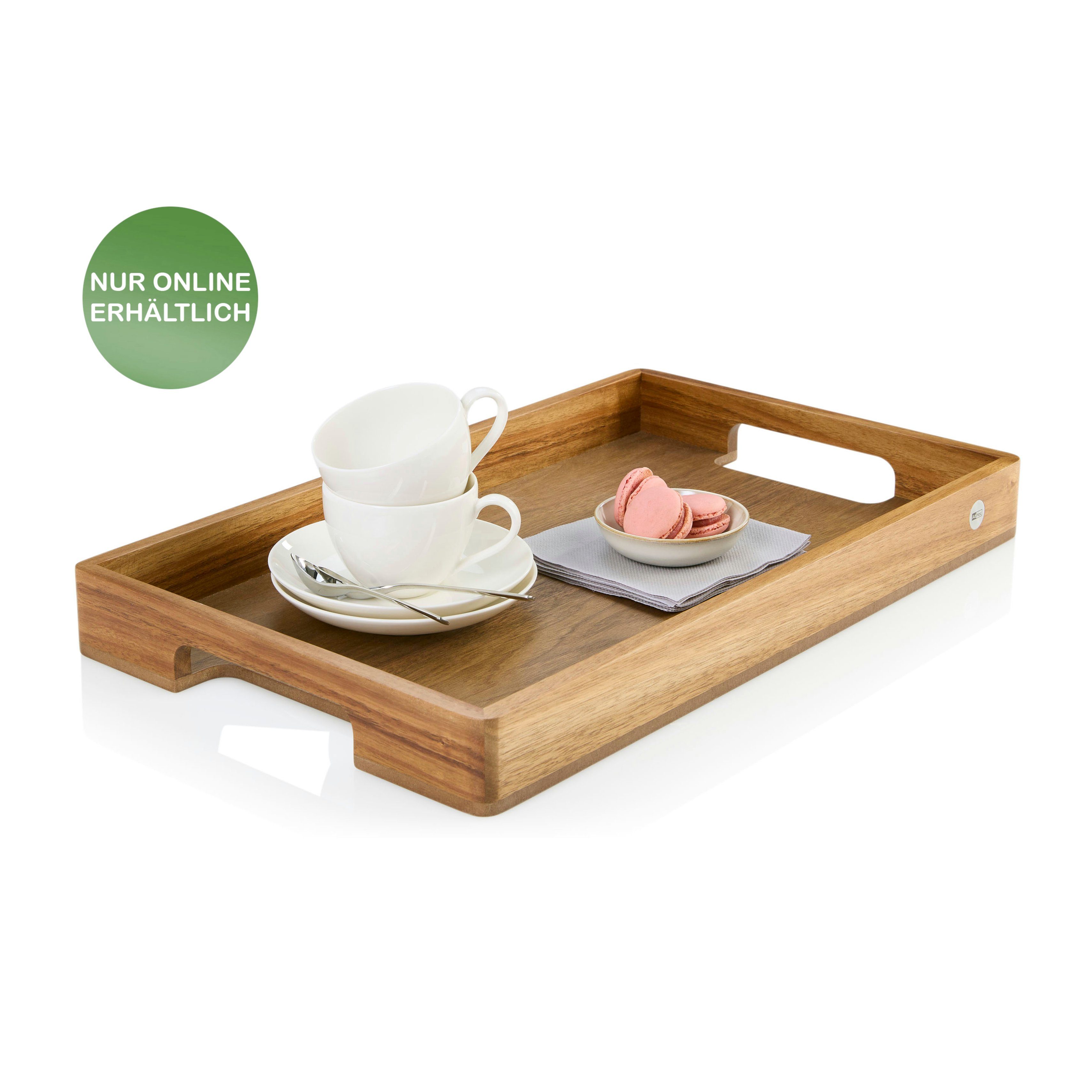 AdHoc Tablett Serviertablett Serve Smart, Akazienholz, Walnussholz, (Dekotablett rechteckig, 1-tlg), hochwertiges Frühstückstablett mit ergonomischen Griffmulden 56x30 cm