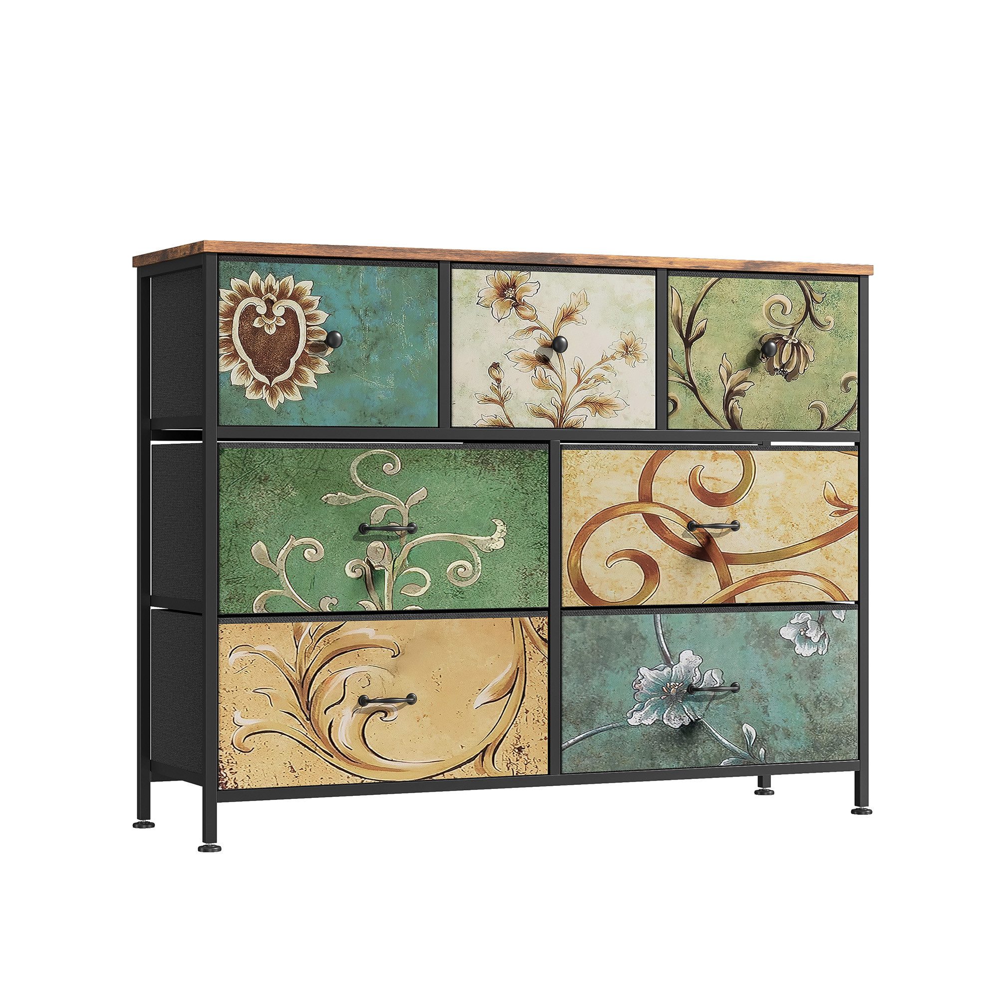 kowdom Kommode Bunte Retro-Kommode 7 Schubladen, Vintage Sideboard 100x30cm, Retro-Stil, 7 Schubladen, bunt lackiert, Metallgriffe